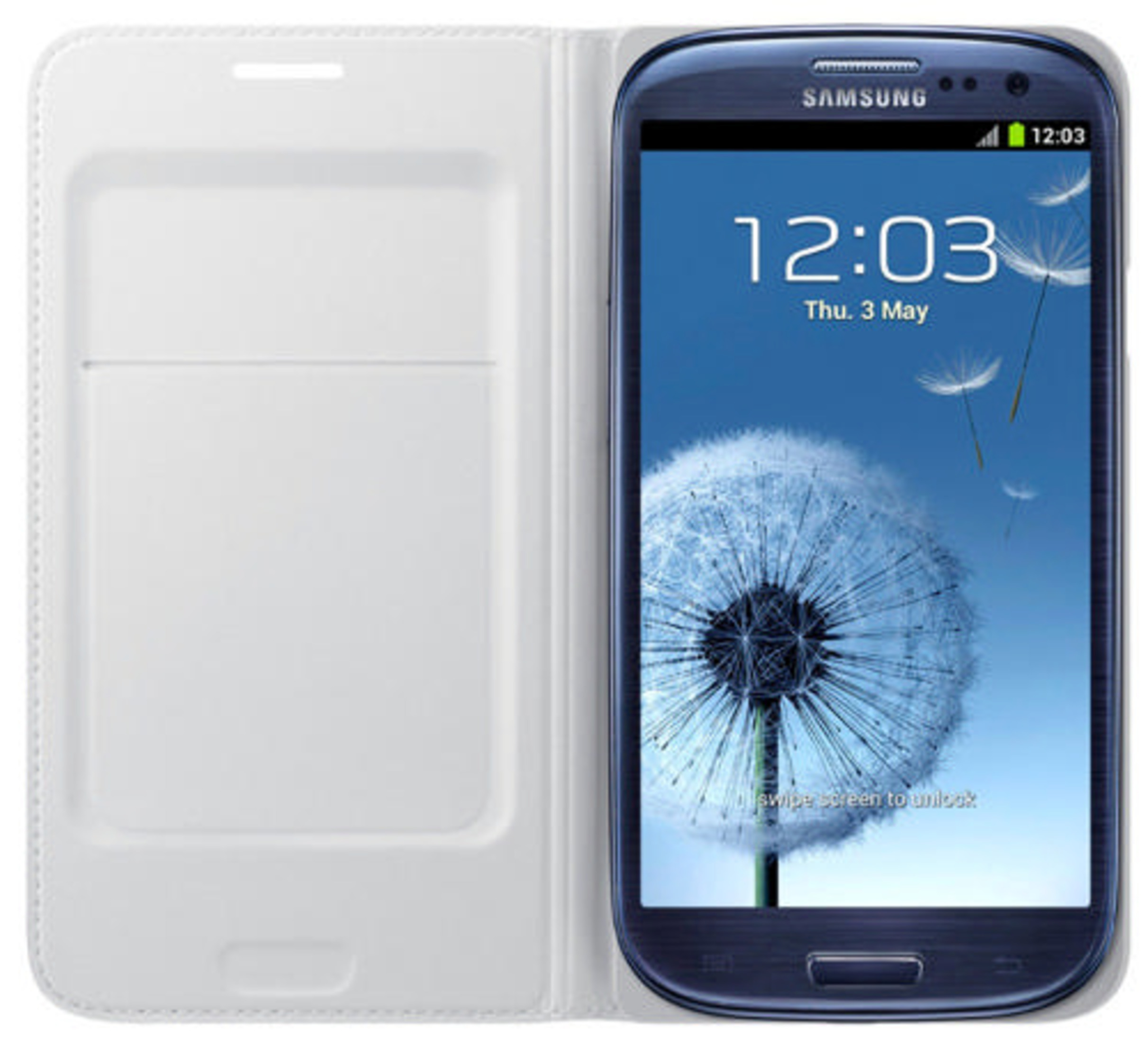 Una custodia bianca aperta accanto a uno smartphone Samsung blu con sfondo dente di leone.