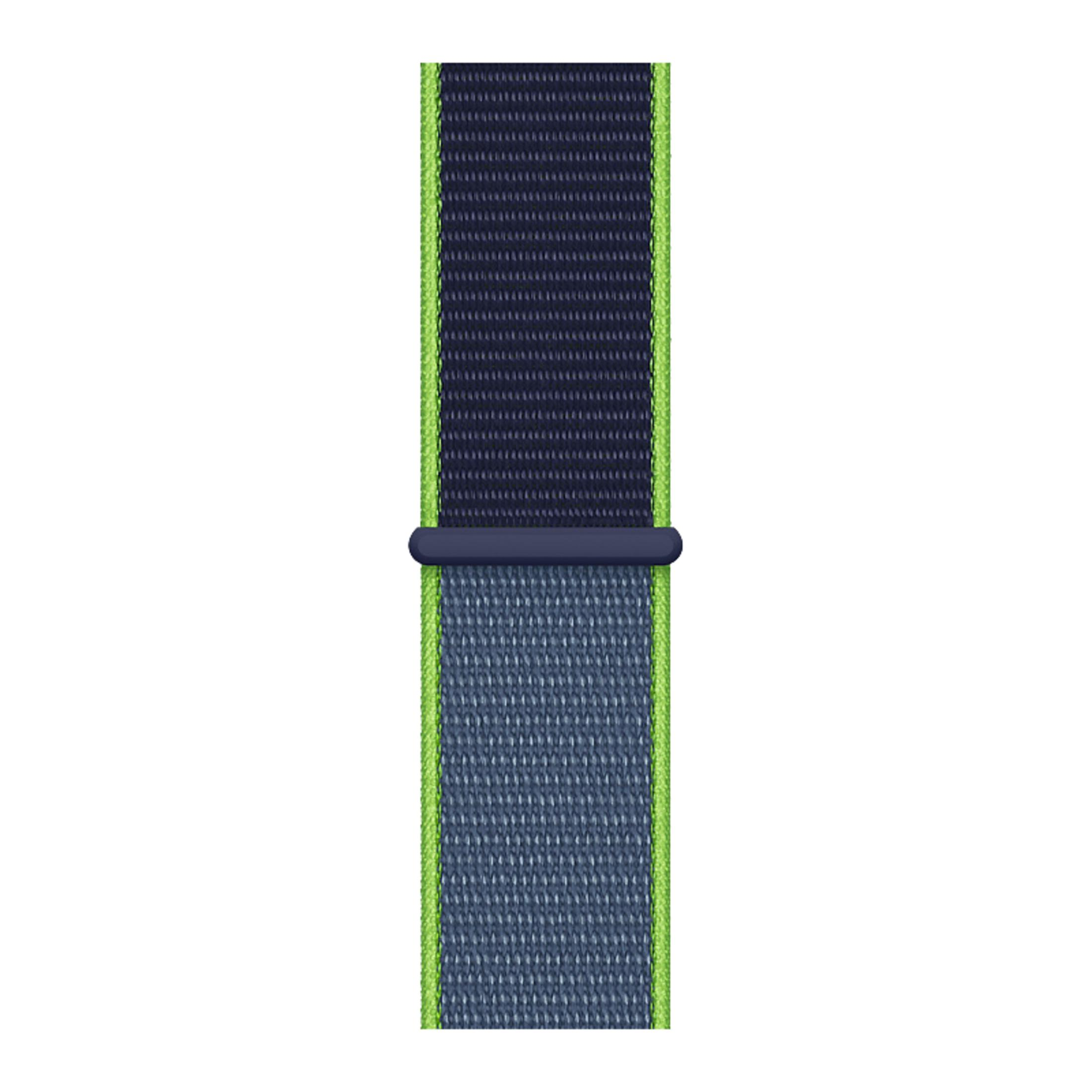 Cinturino blu scuro con bordi verde neon e chiusura scura.