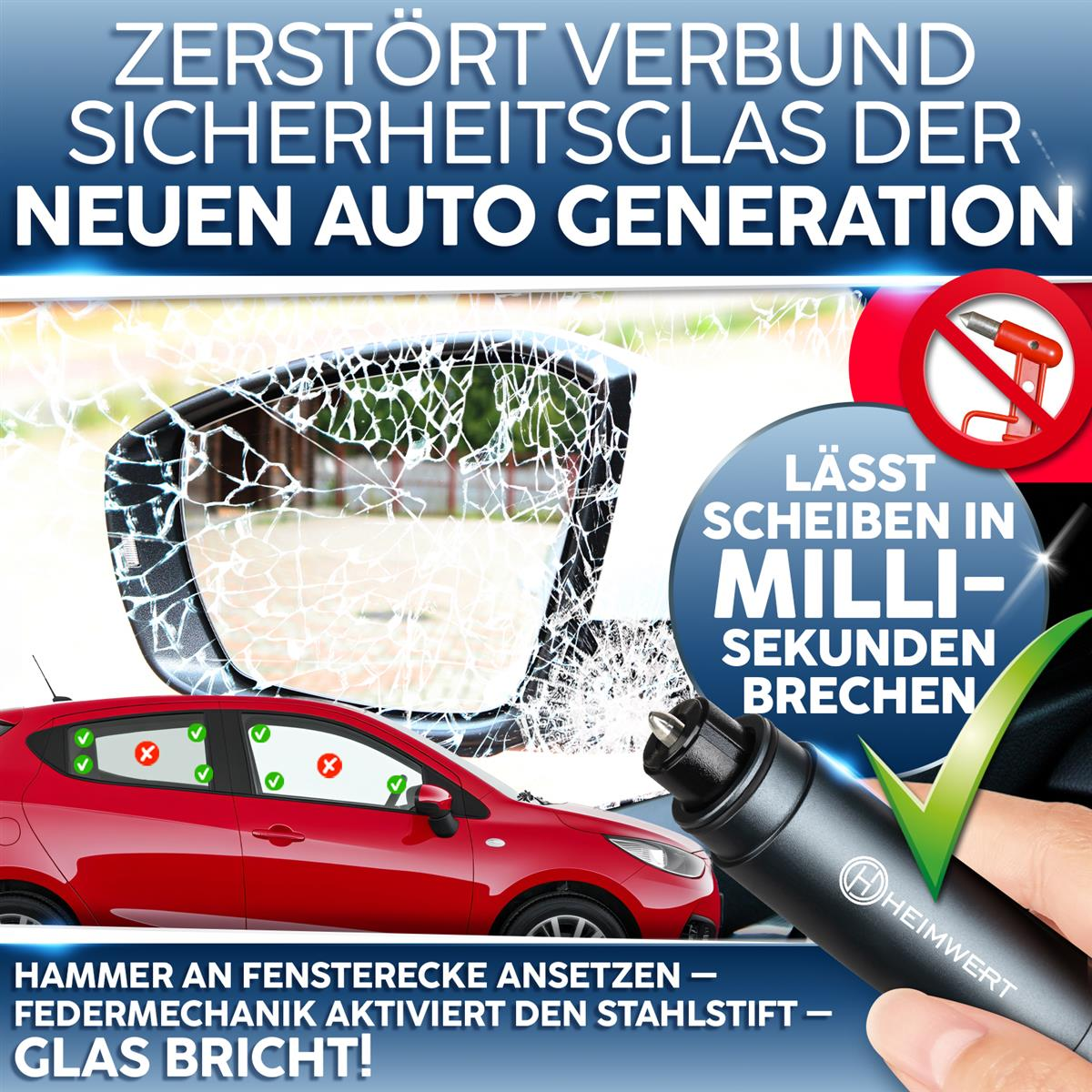 Ein zerschlagenes Autospiegelglas und ein rotes Auto. Ein Werkzeug zerbricht Glas.