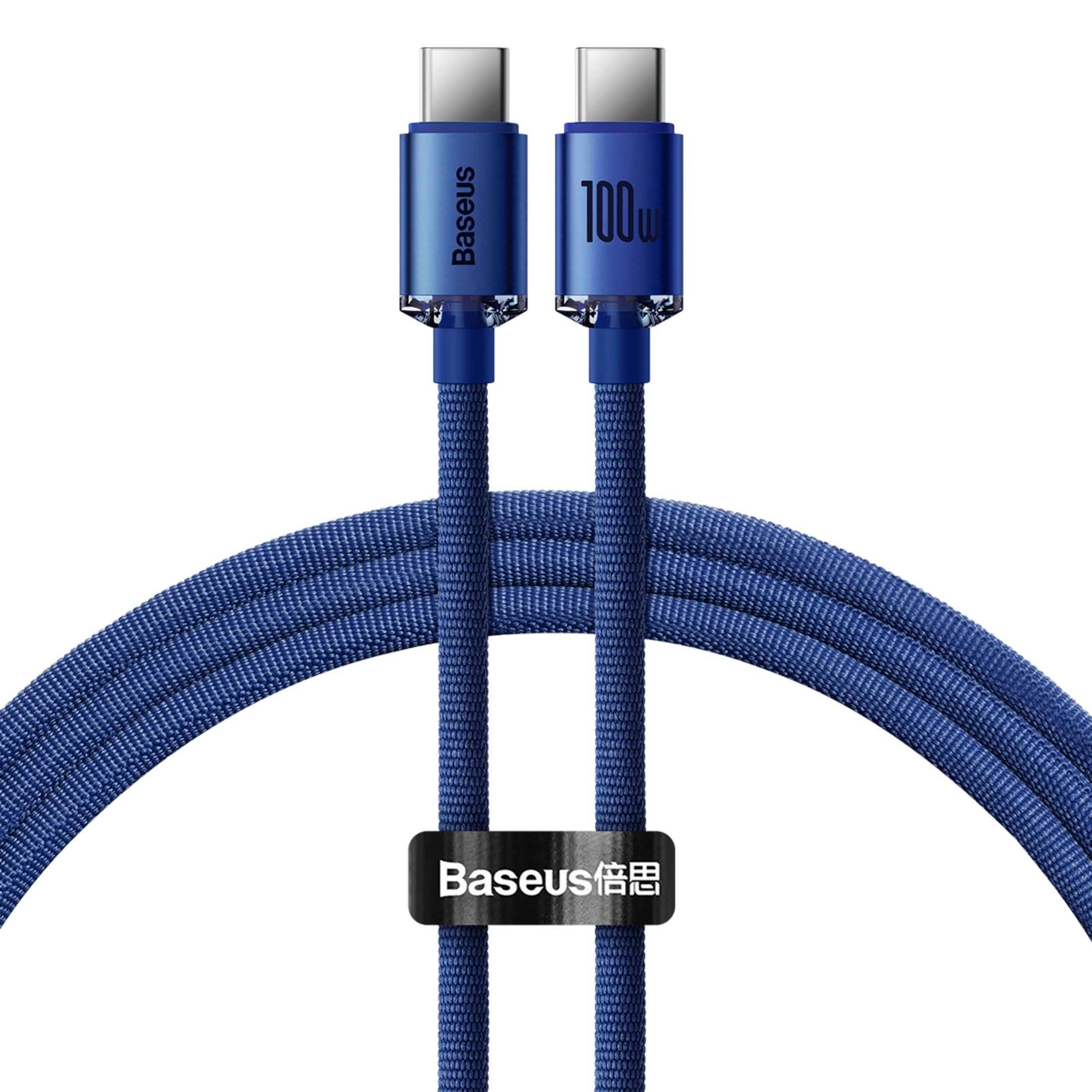 Cavo USB-C Baseus blu con etichetta 100W e treccia in tessuto.