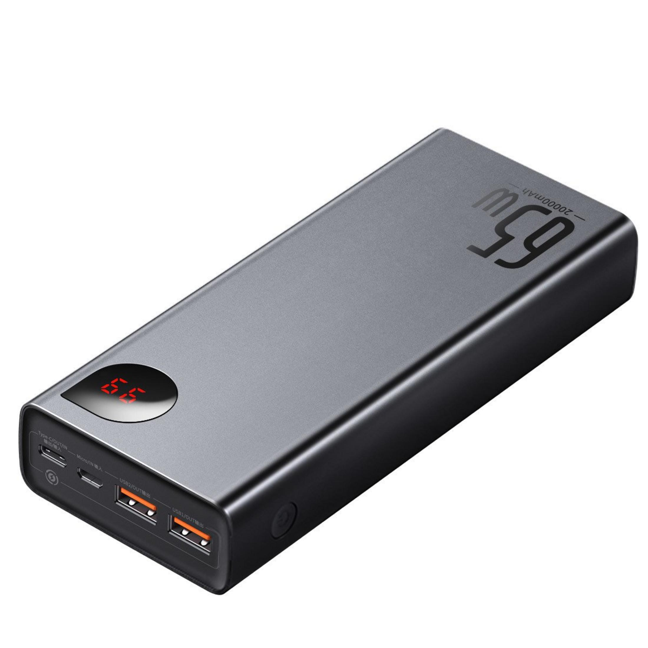 Batería externa gris con pantalla digital, 2xUSB, 1xUSB-C, 1xMicro.