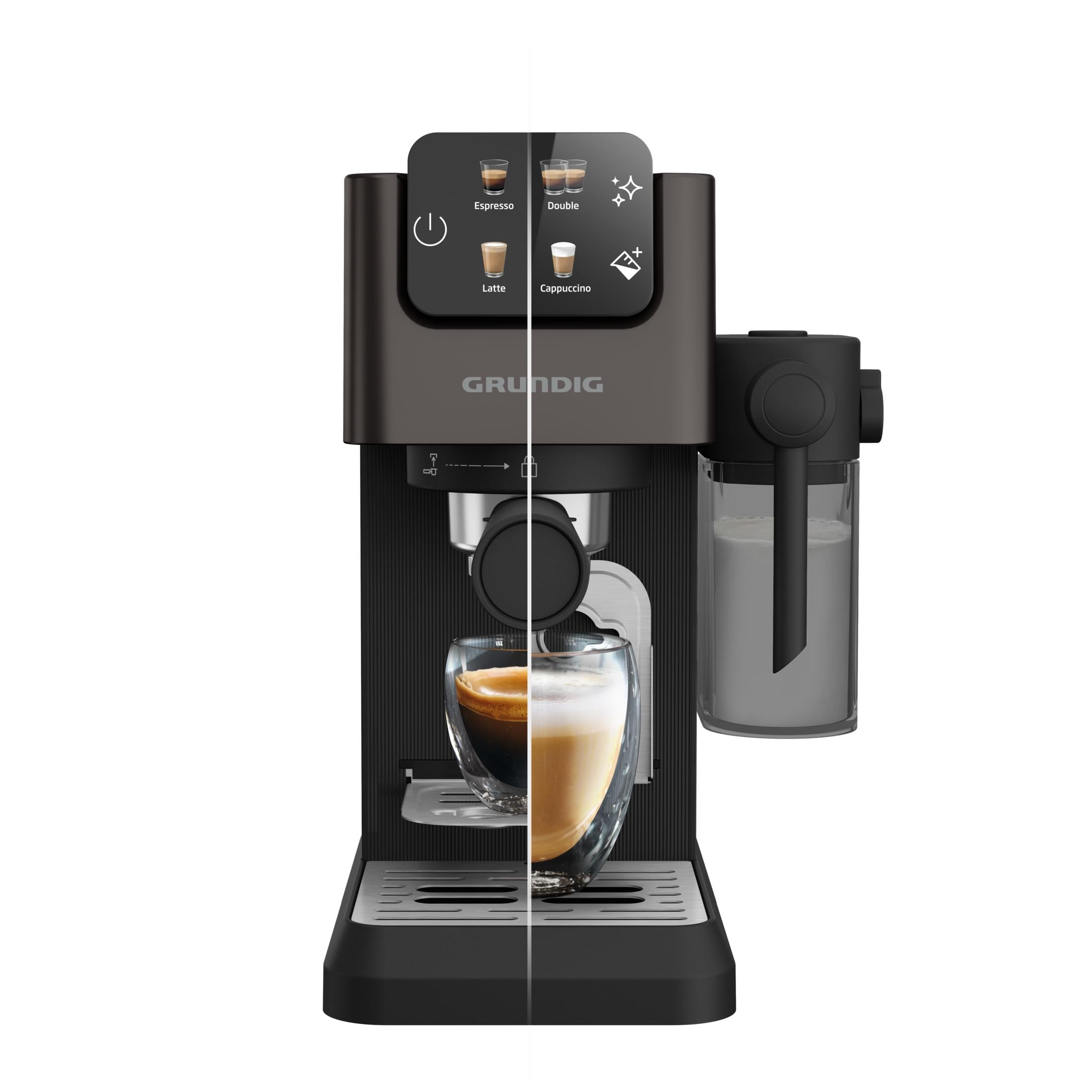Eine schwarze Kaffeemaschine mit Touchscreen, die Espresso und Latte zubereitet.