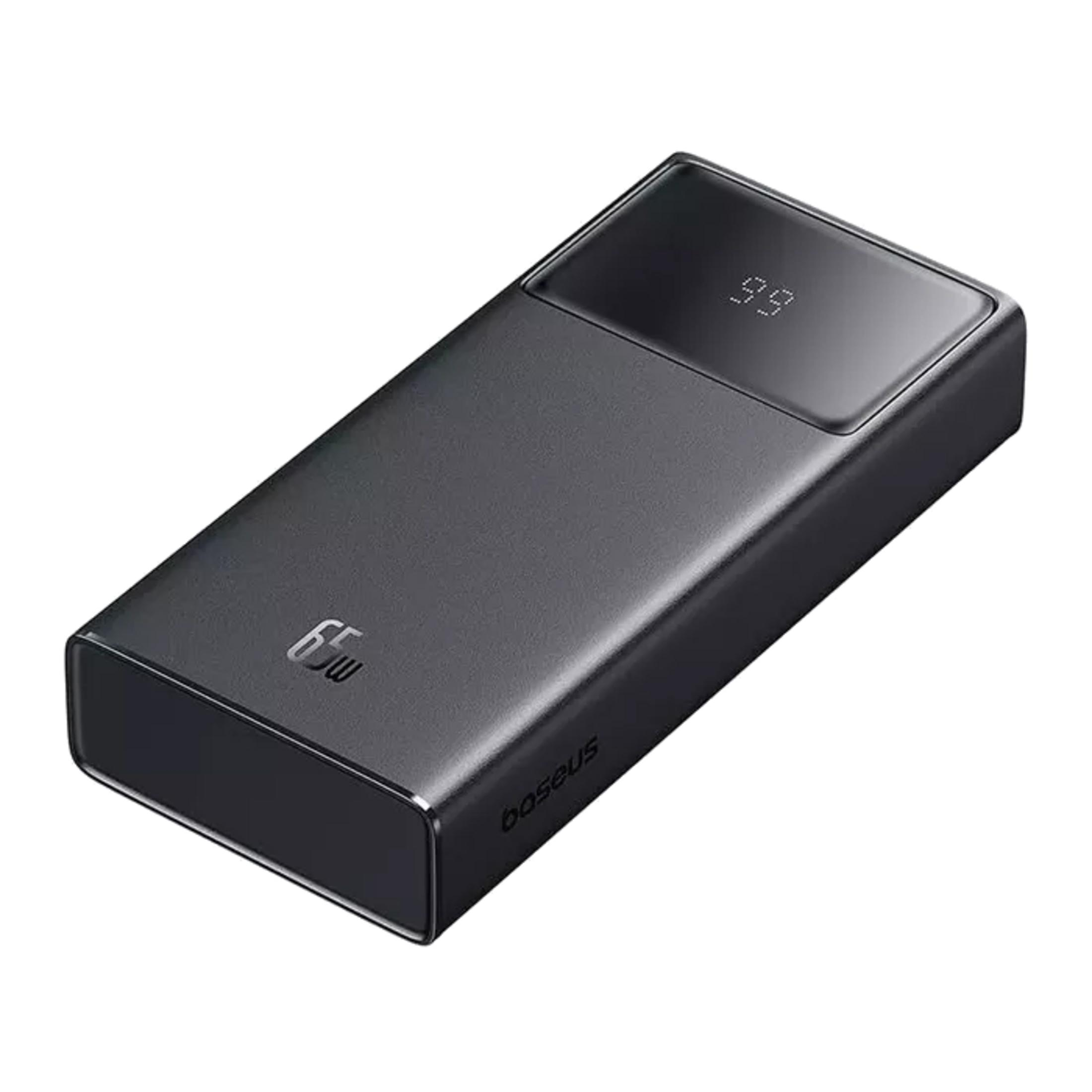 Un power bank scuro con display digitale e marchio 65W.