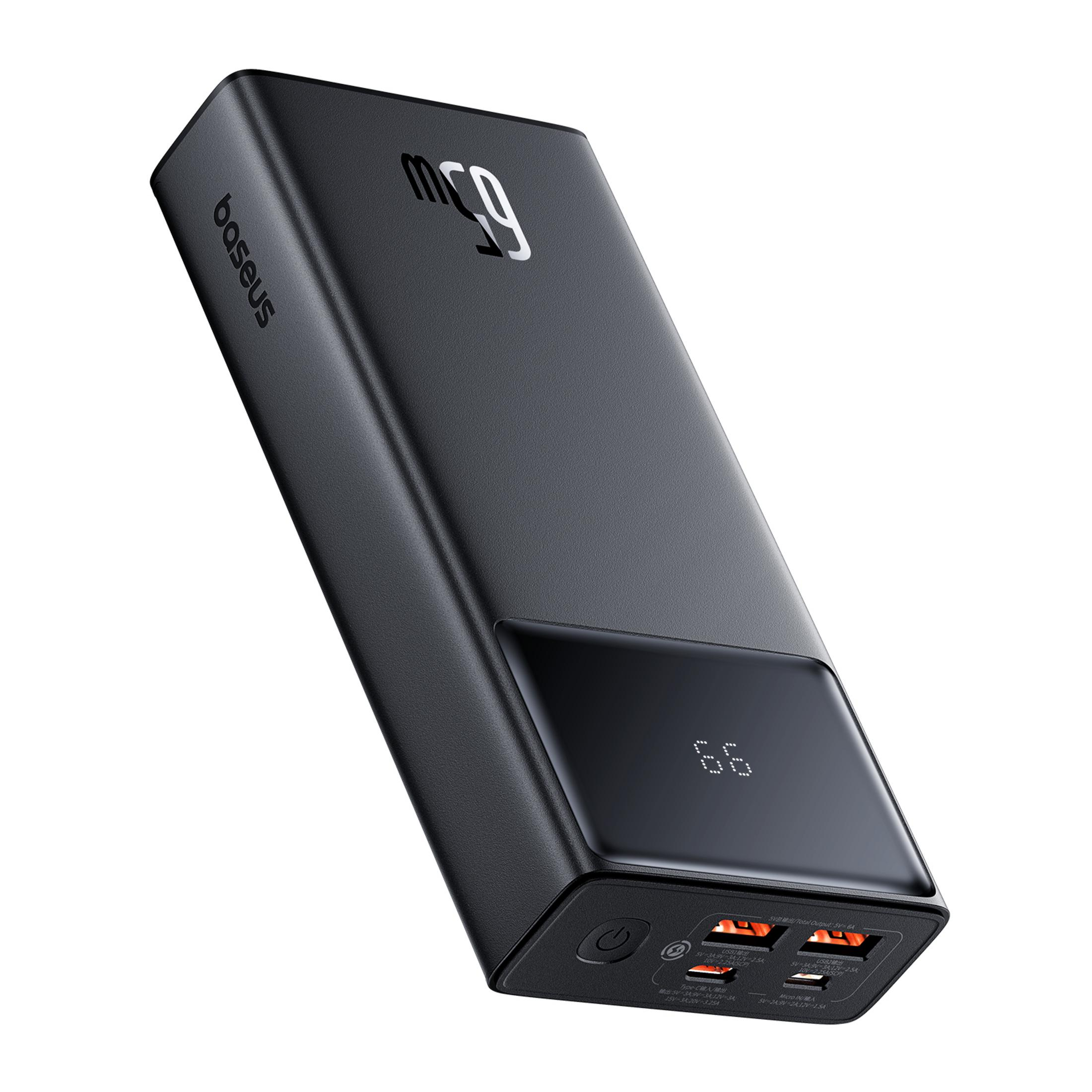 Power bank Baseus nera con display digitale e porte multiple.