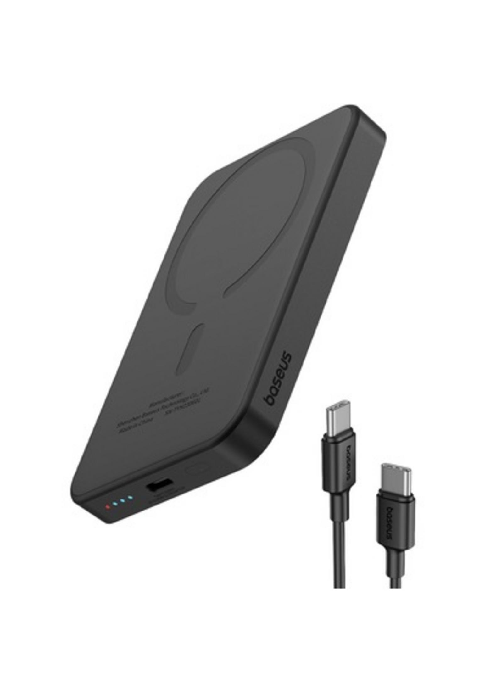 Czarna ładowarka ze wskaźnikami naładowania i dwoma kablami USB-C.