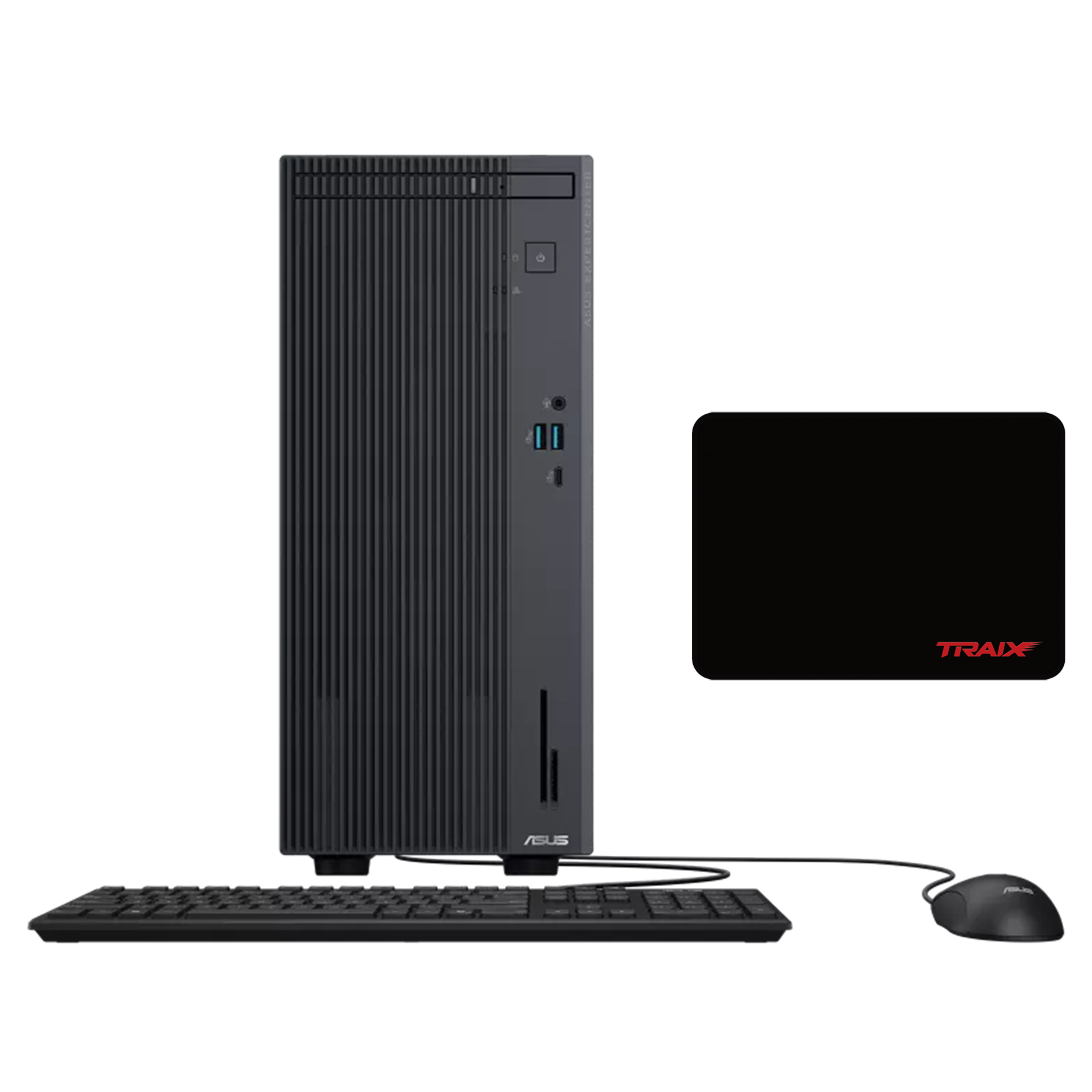 Siyah bir ASUS bilgisayar kasası, klavye, fare ve fare altlığı gösteriliyor.