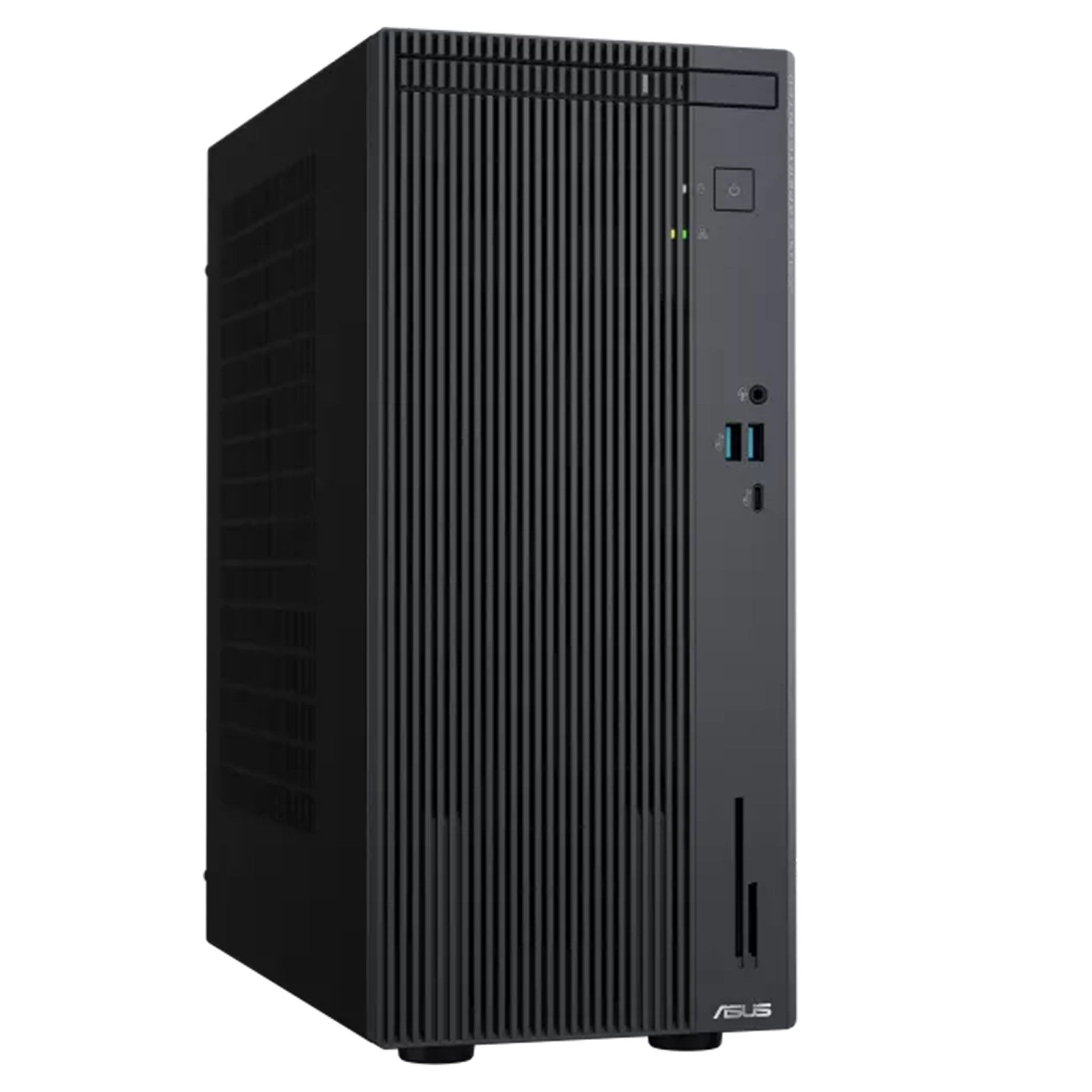 Dikey havalandırma delikleri, güç düğmesi ve USB bağlantı noktalarına sahip siyah Asus PC.