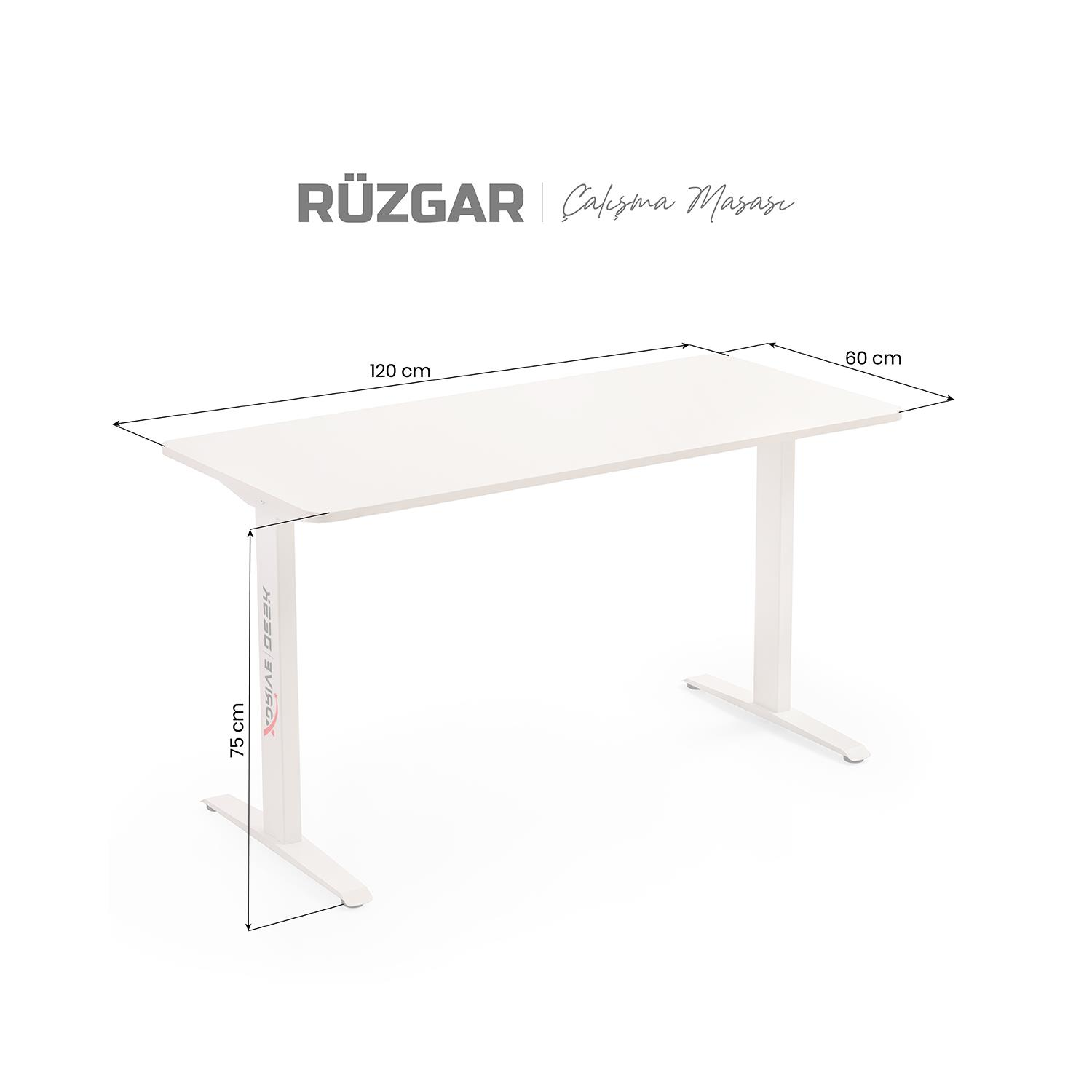 Rüzgar markalı, 120x60x75 cm ölçülerinde beyaz bir çalışma masası.