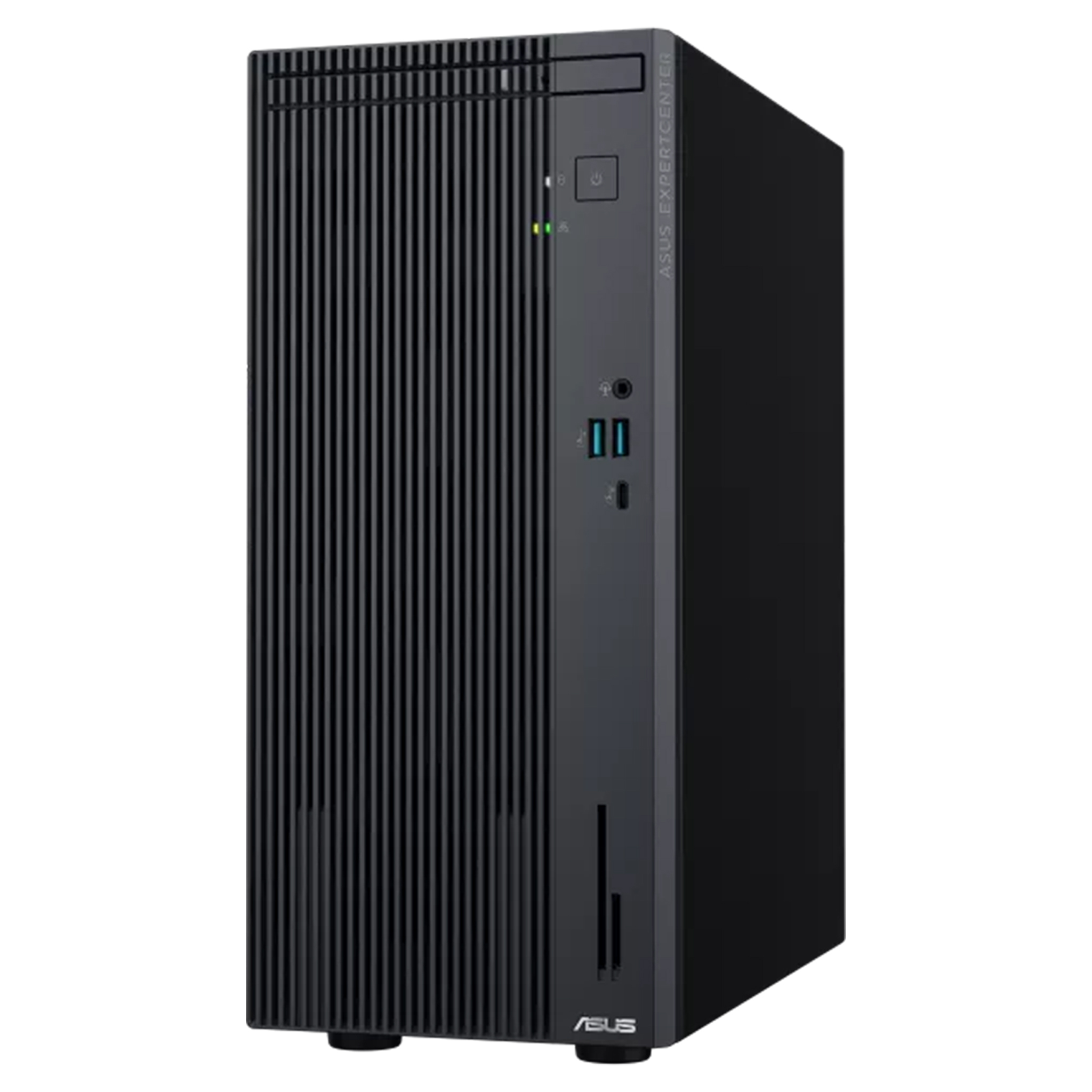 Dikey havalandırma delikleri ve ön portlara sahip siyah PC kasası.
