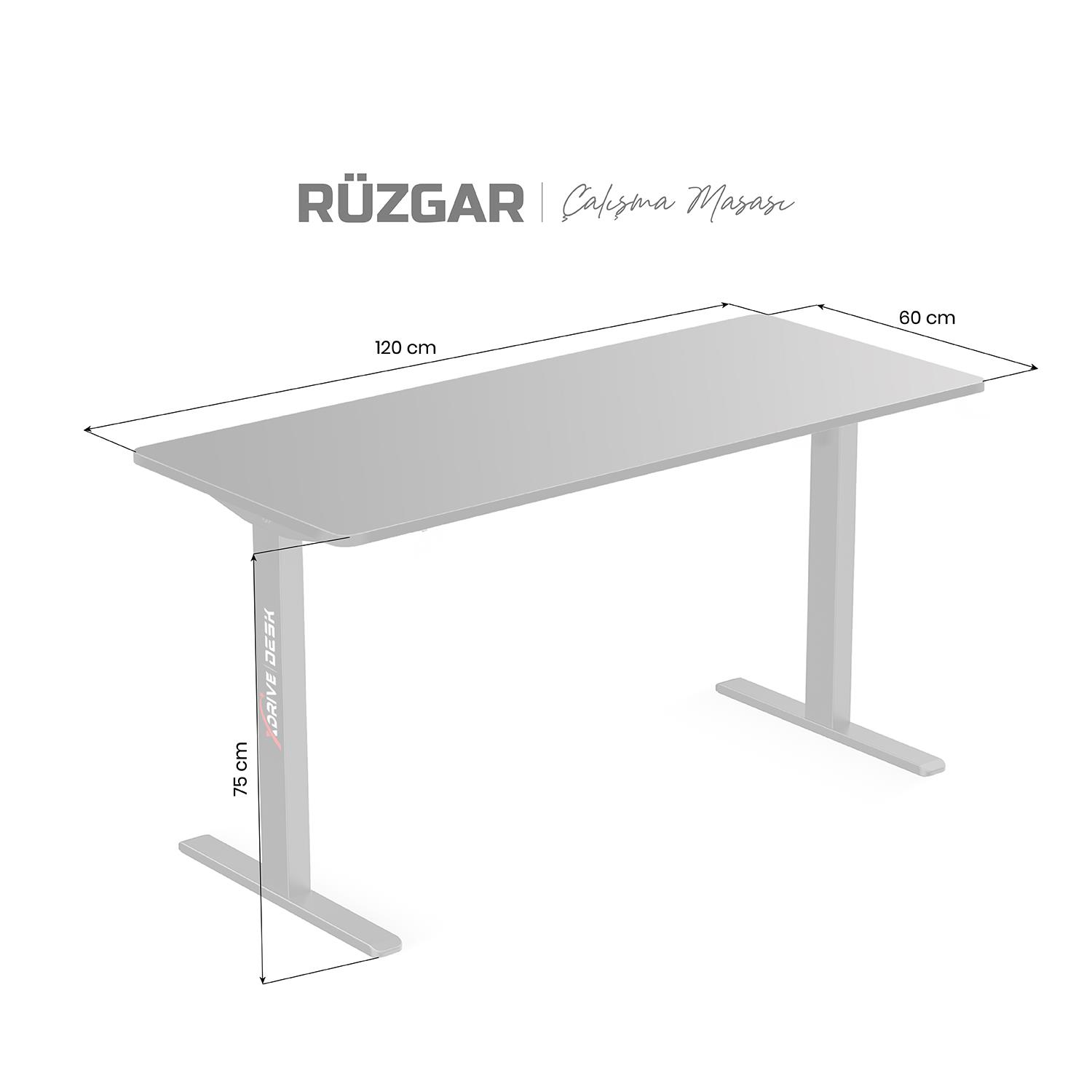 120x60x75 cm boyutlarında gri bir masa, 'Rüzgar Çalışma Masası' etiketli.