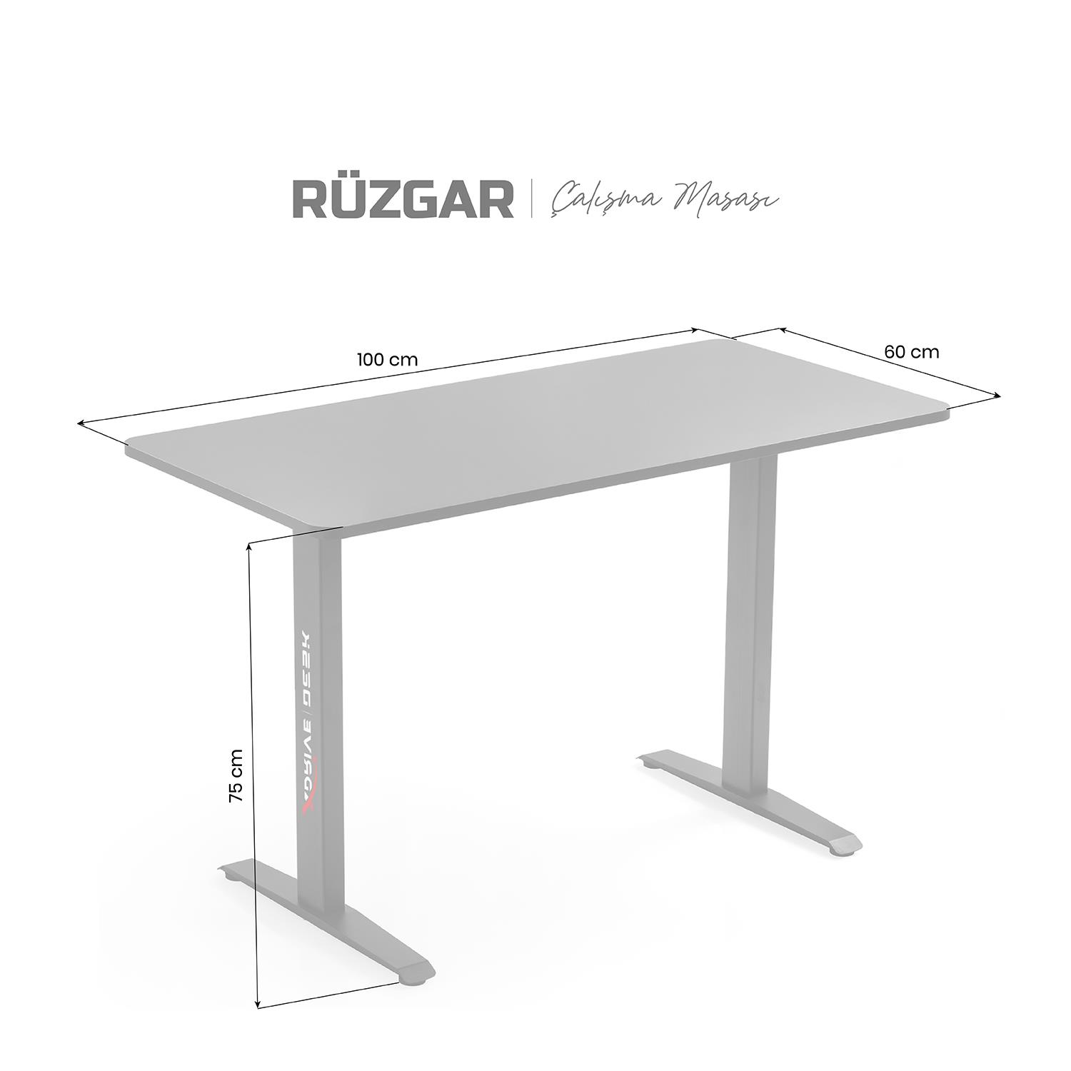 100cm x 60cm x 75cm ölçülerinde gri masa.