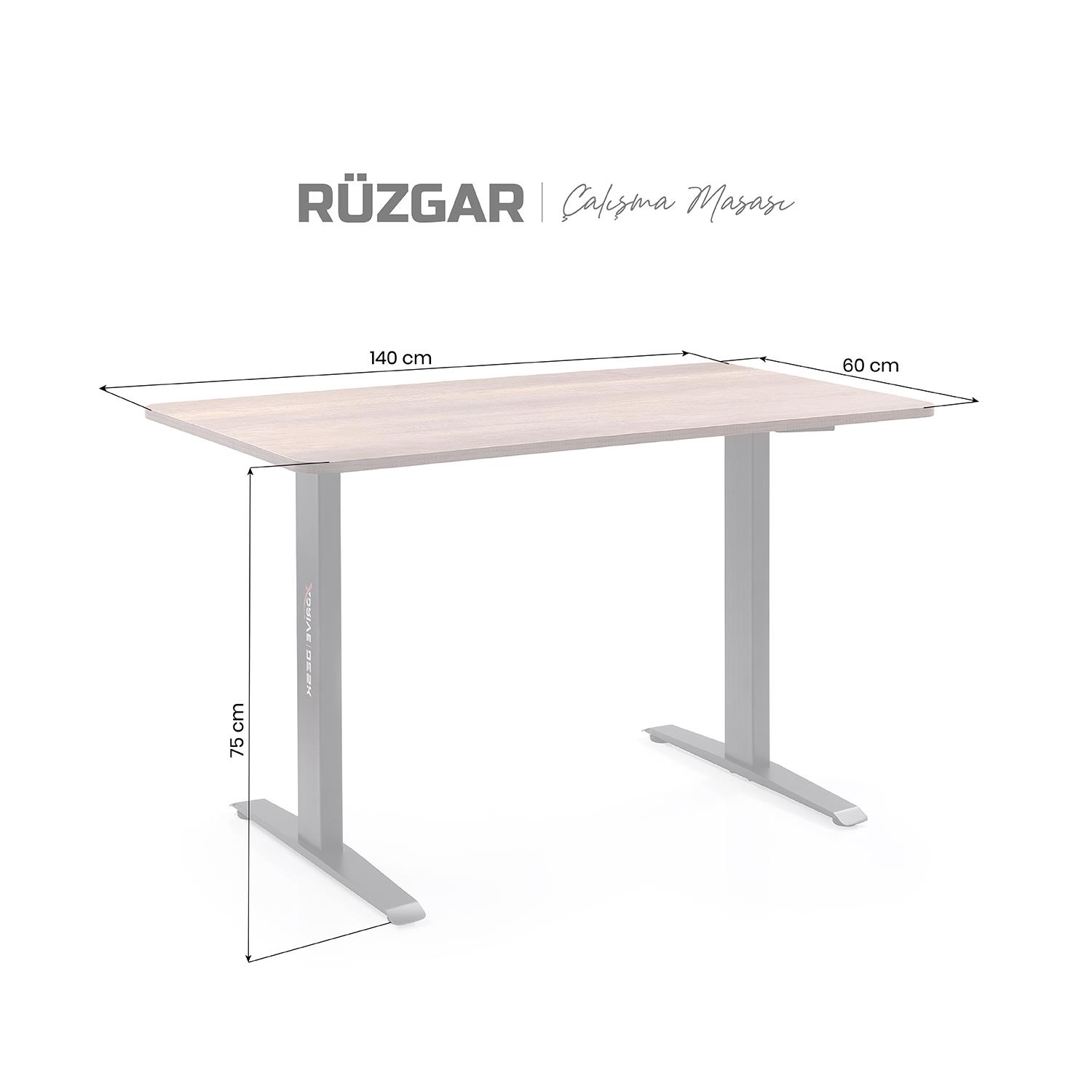 Açık ahşap masa, gri metal ayaklı, ölçüleri 140x60x75cm, beyaz fon.