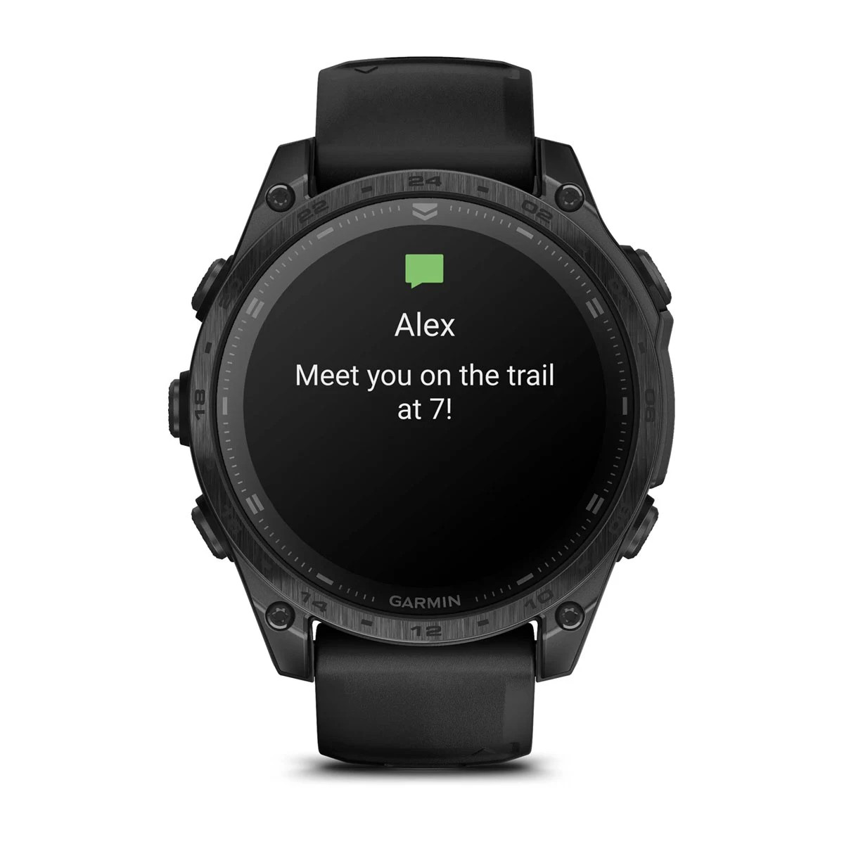 Czarny smartwatch Garmin z powiadomieniem: Alex, spotkajmy się o 7!