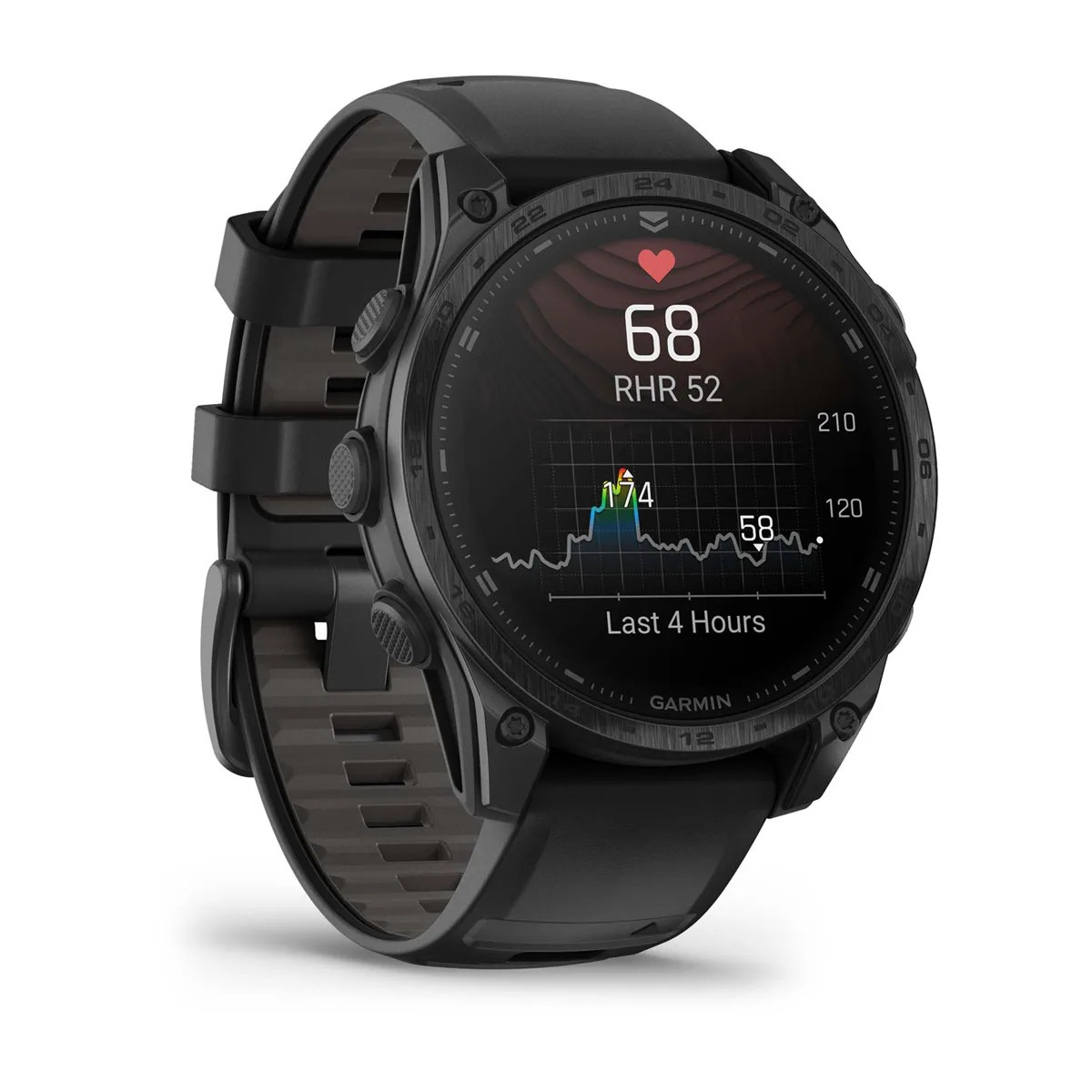 Czarny smartwatch z wykresem tętna z ostatnich 4 godzin.