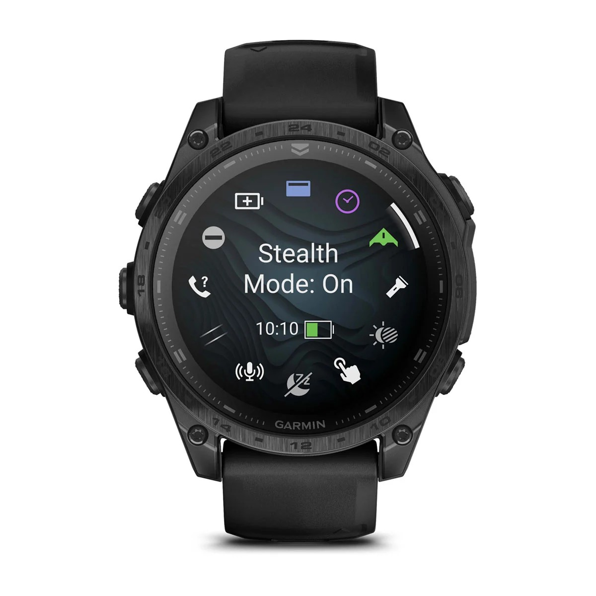 Czarny smartwatch z napisem „Tryb ukrycia: Włączony” i godziną 10:10.