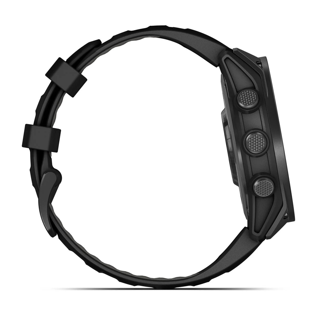 Czarny smartwatch z bocznymi przyciskami i paskiem.