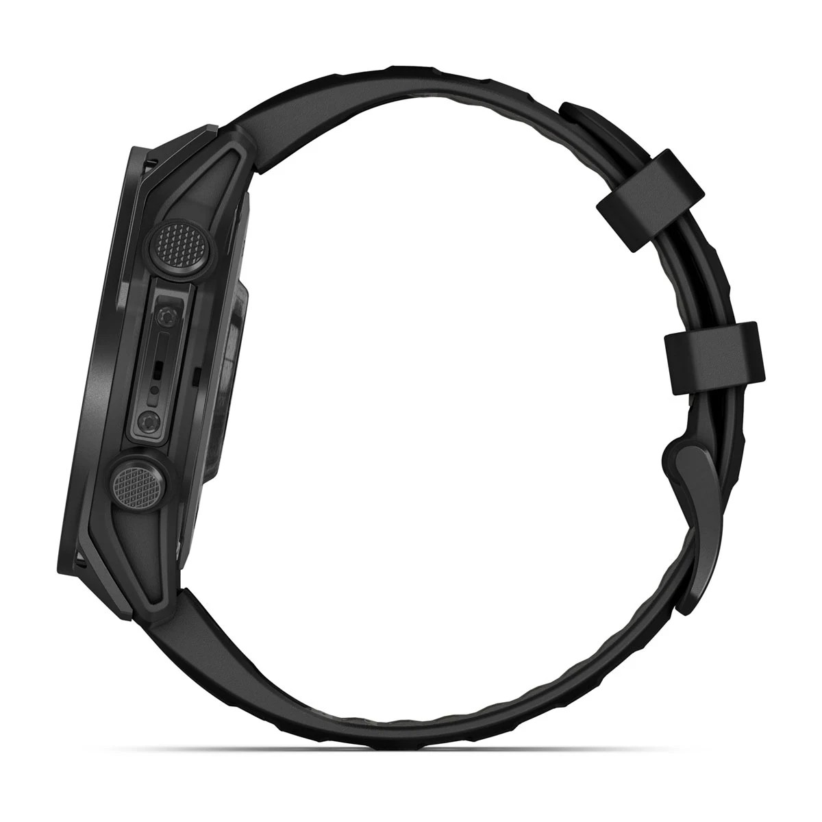 Czarny smartwatch z bocznymi przyciskami i gumowym paskiem, na białym tle.