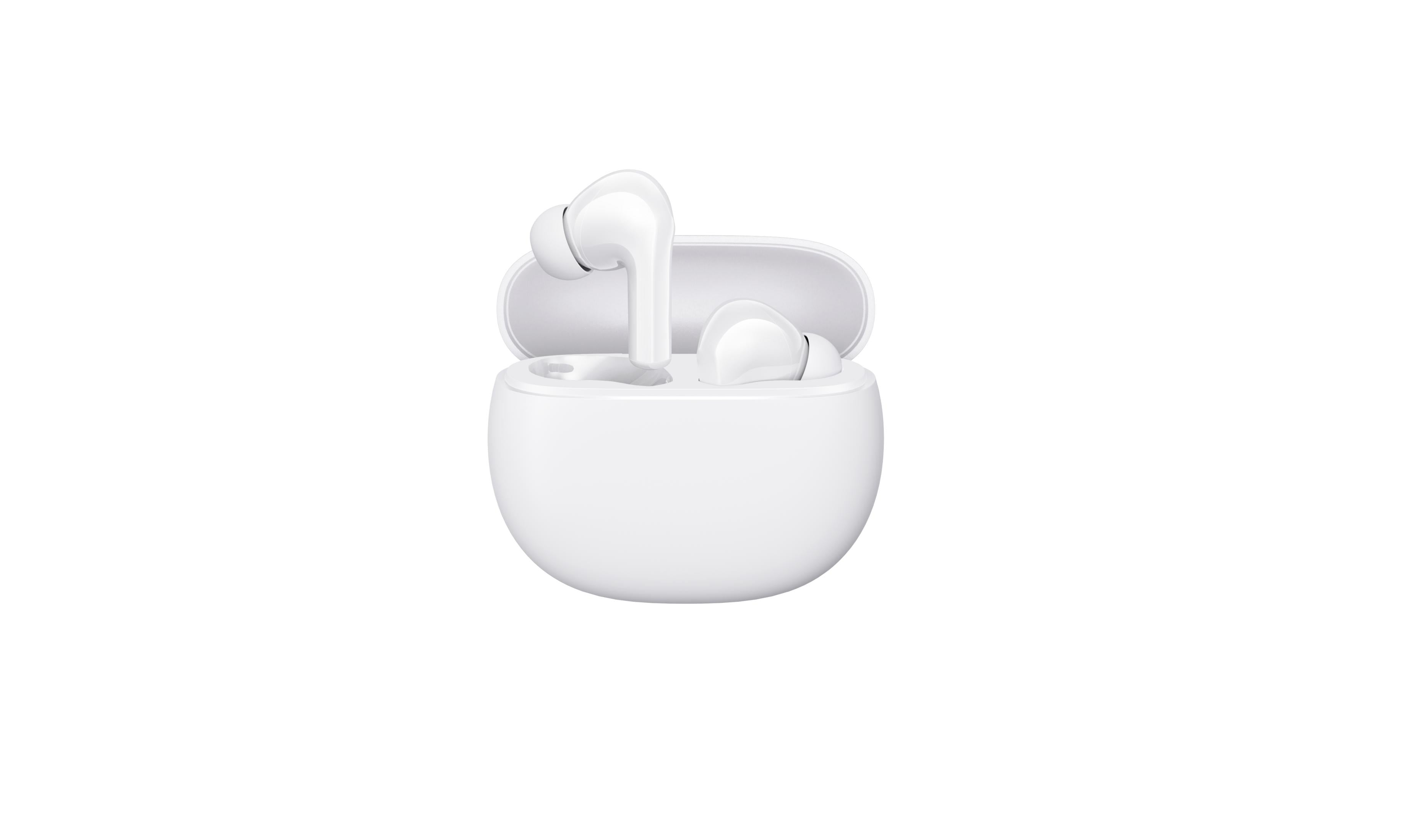 Auricolari wireless bianchi in una custodia di ricarica bianca aperta.