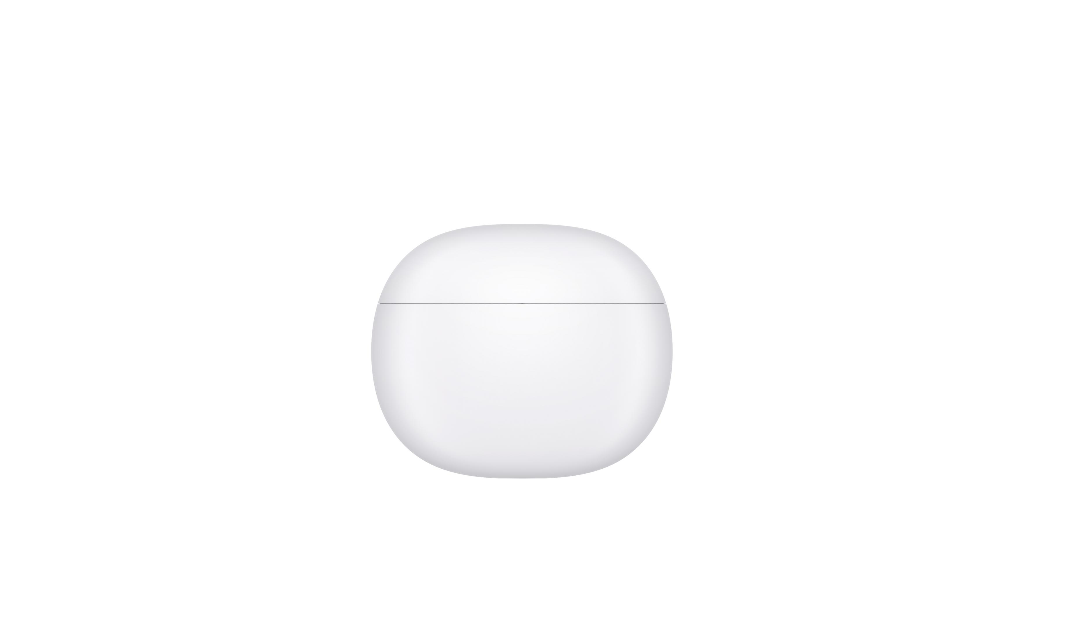 Una custodia di ricarica bianca chiusa per auricolari wireless su sfondo bianco.