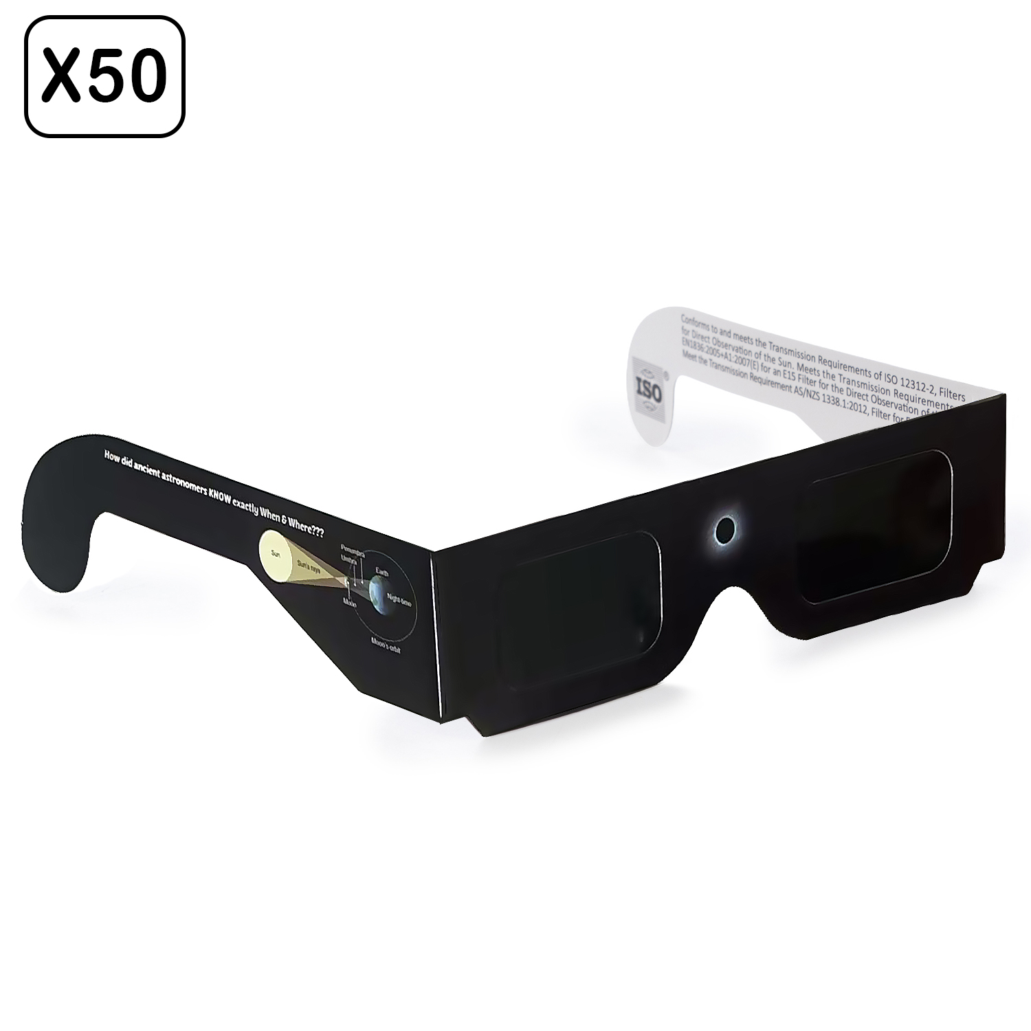 Gafas negras para eclipses con diagrama de Sol, Tierra, órbita lunar. Certificado ISO.