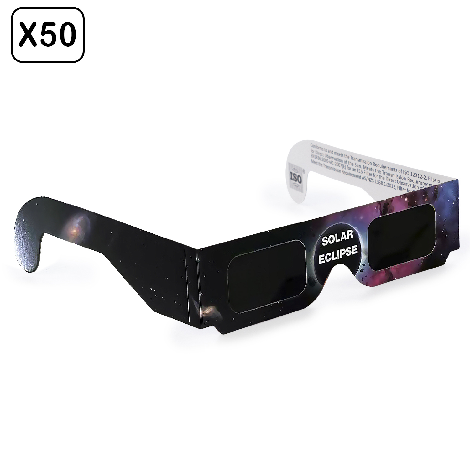 Gafas negras para eclipses solares con estampado espacial y texto 'SOLAR ECLIPSE'.