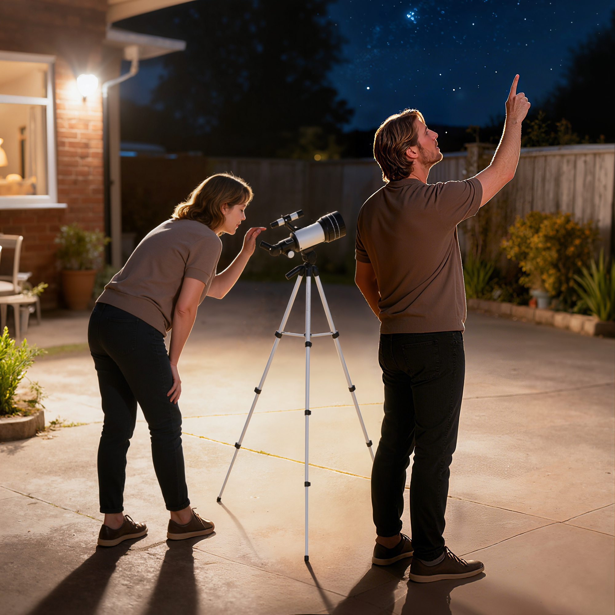 Un hombre y una mujer miran el cielo nocturno. Una mujer mira por un telescopio.