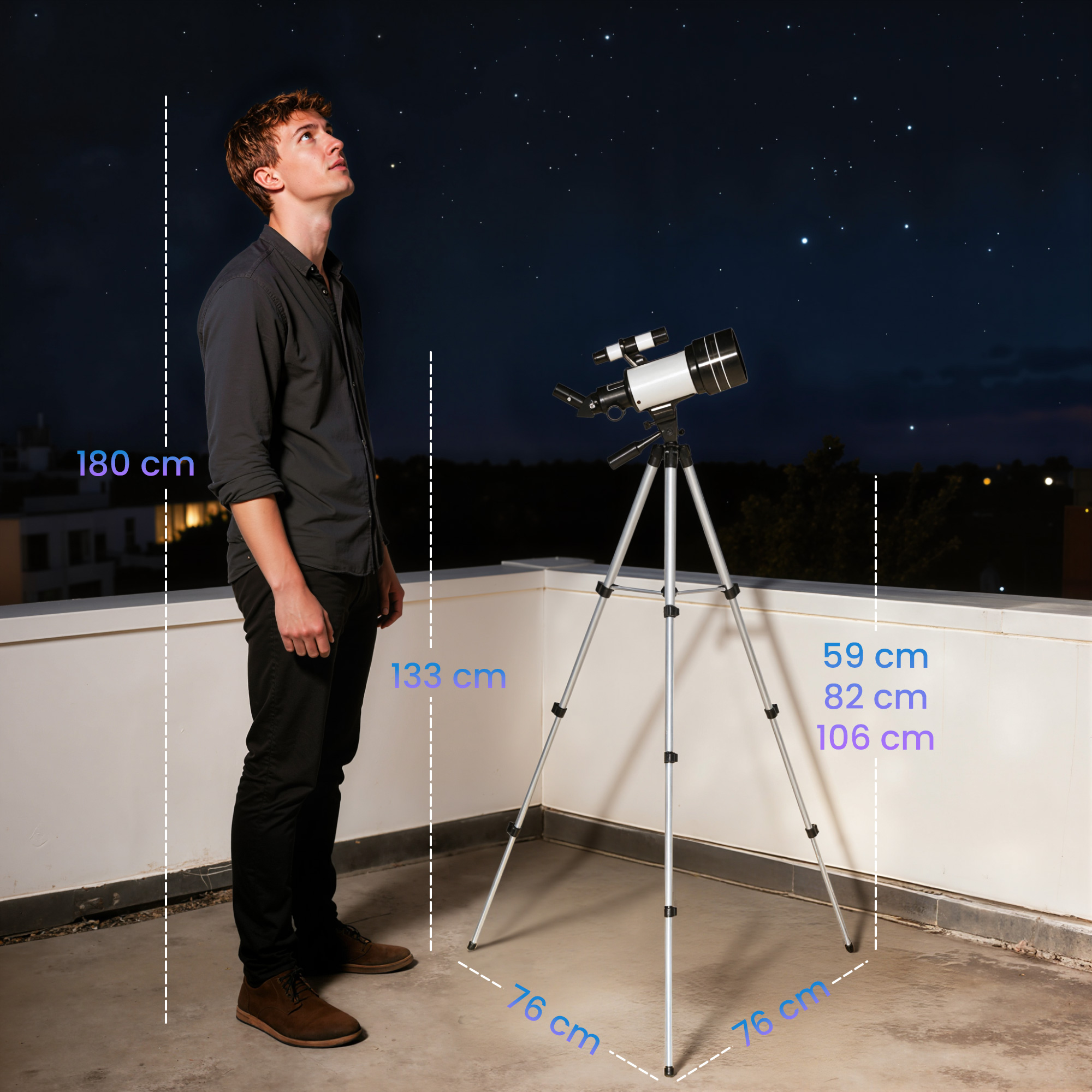 Hombre mira cielo estrellado junto a telescopio en trípode en azotea.