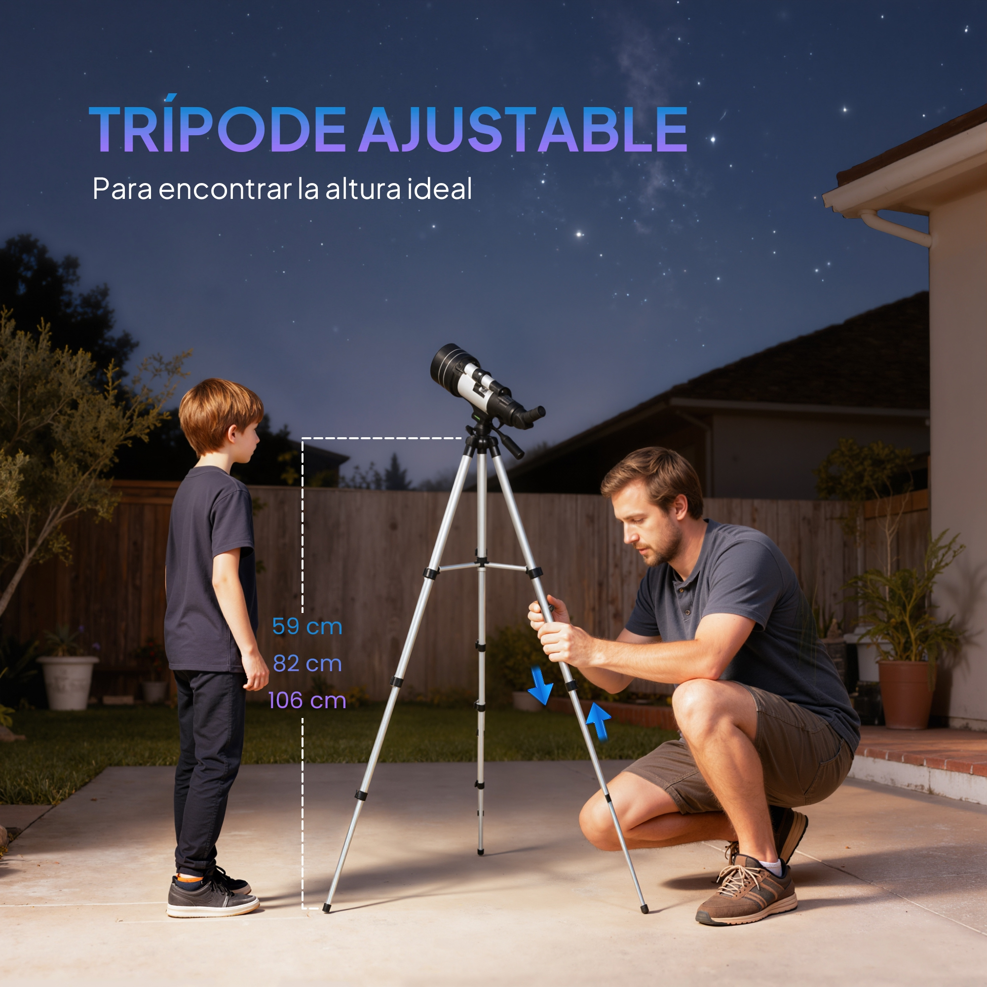 Un hombre ajusta un telescopio en un trípode para un niño.