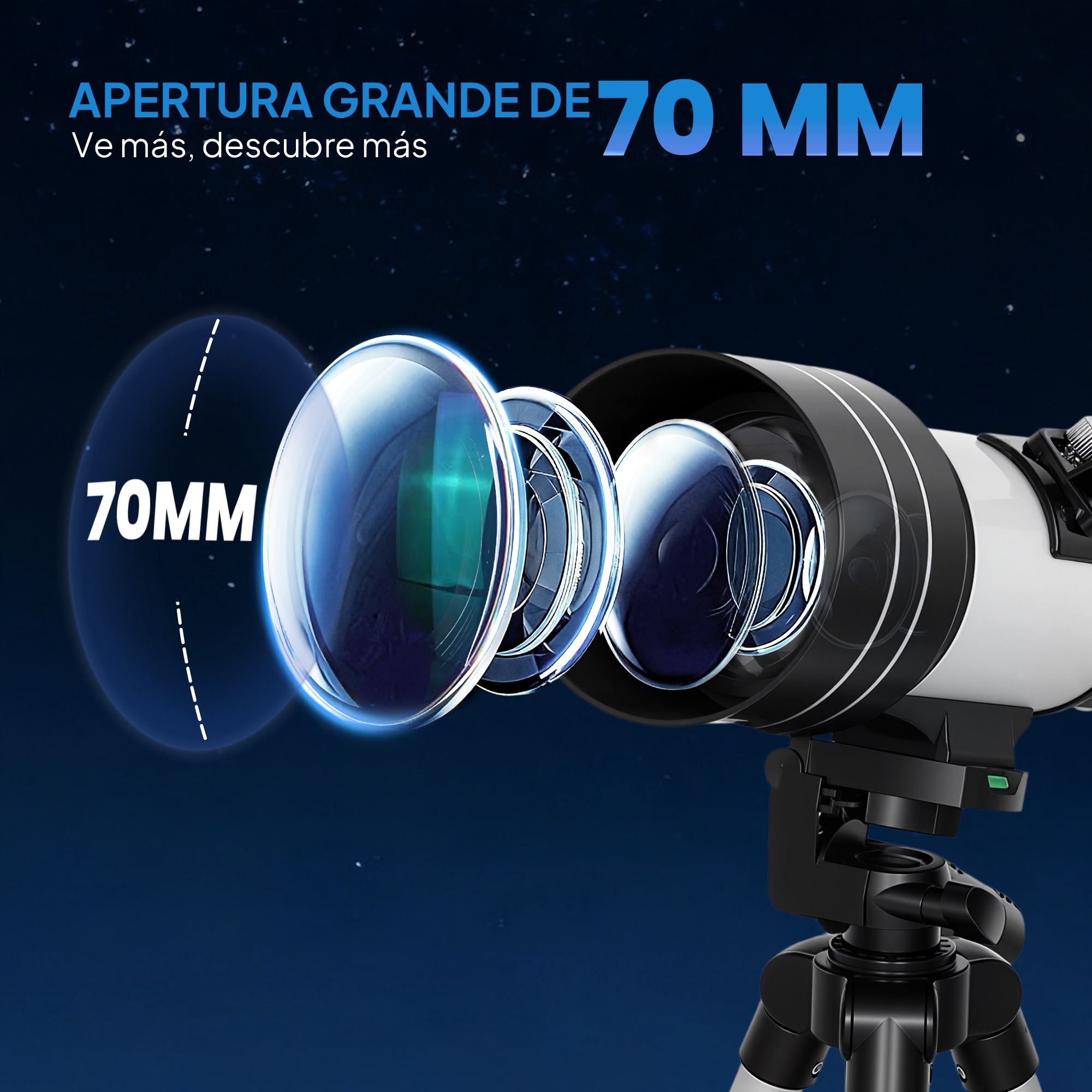 Telescopio con apertura de 70 mm, mostrado en detalle, con cielo estrellado.