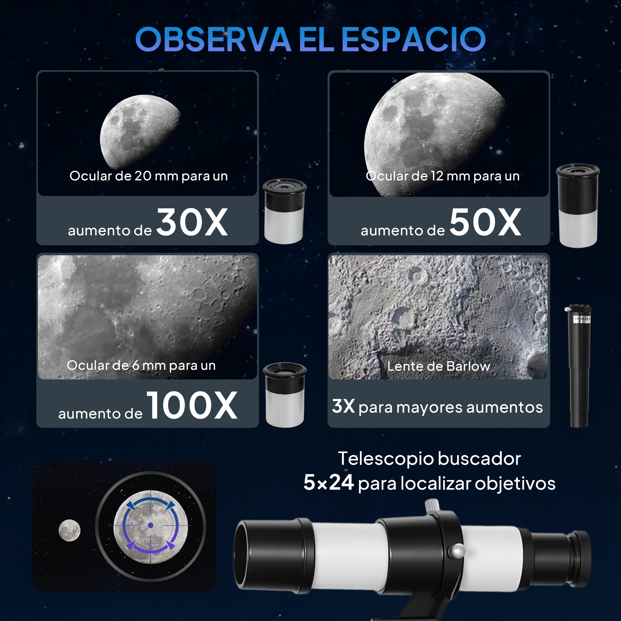 Accesorios de telescopio: oculares para 30X, 50X, 100X de aumento, lente Barlow.
