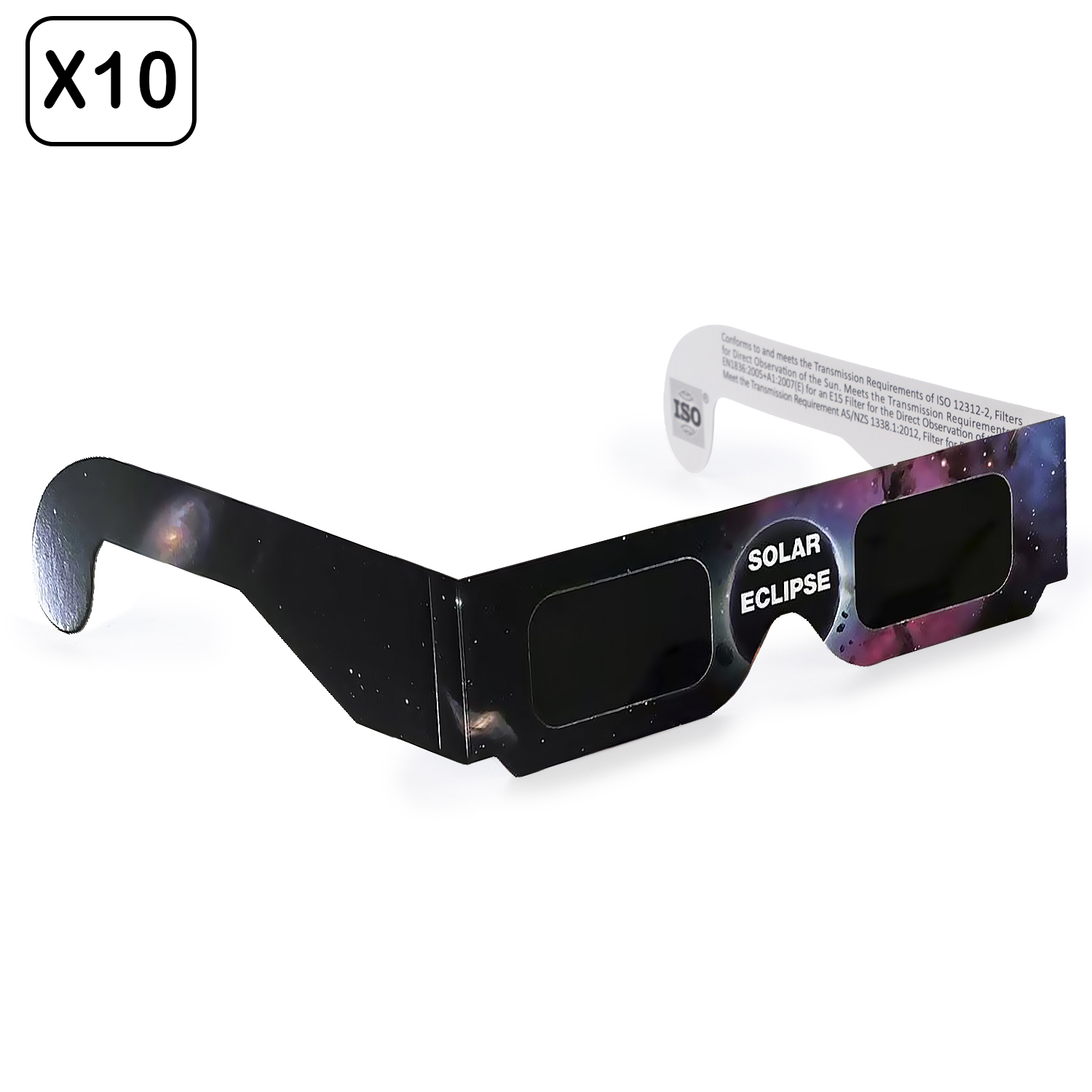 Un paquete de 10 gafas para eclipses solares temáticas del espacio con lentes negras.