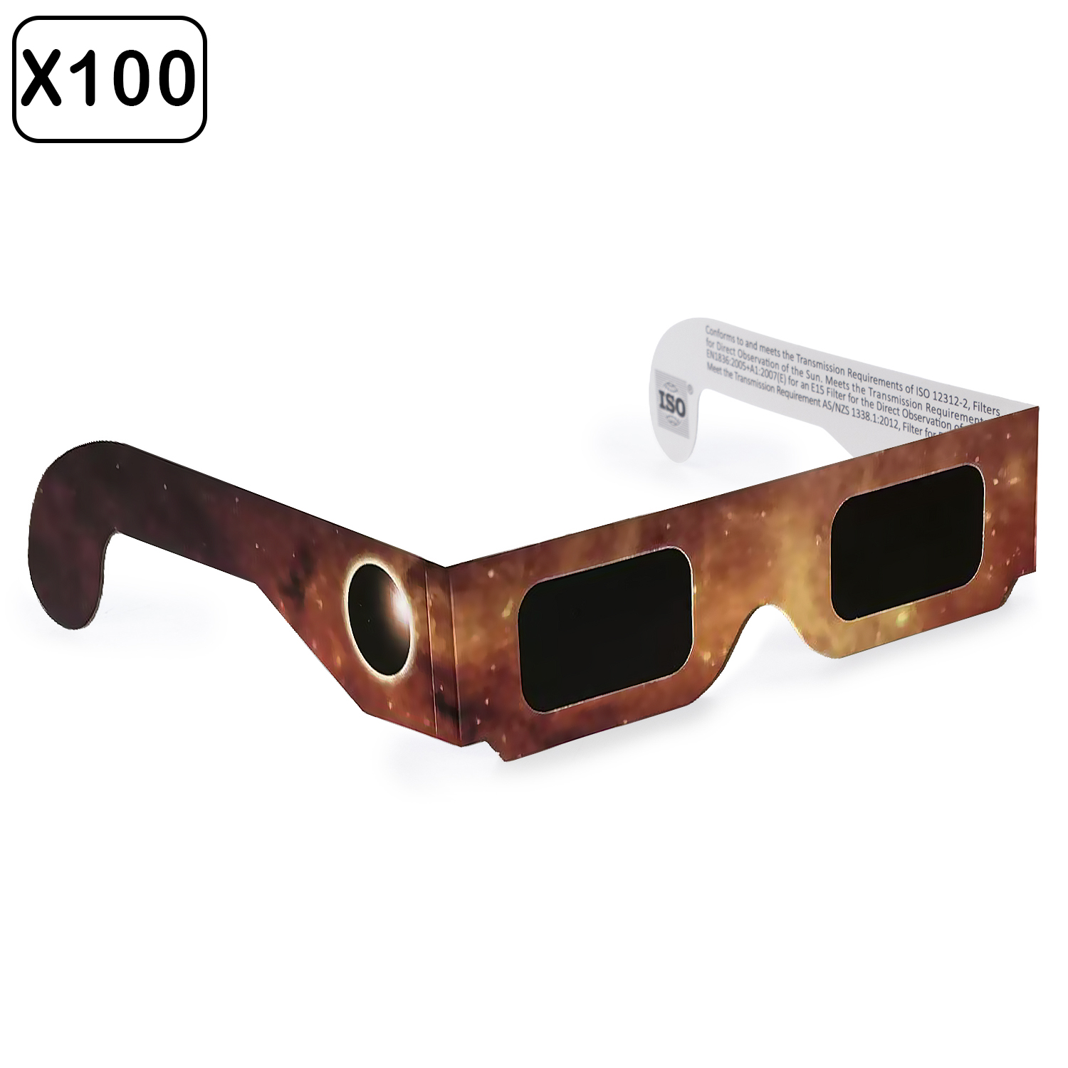 Conteo X100. Gafas de eclipse de cartón con estampado espacial y lentes negros.