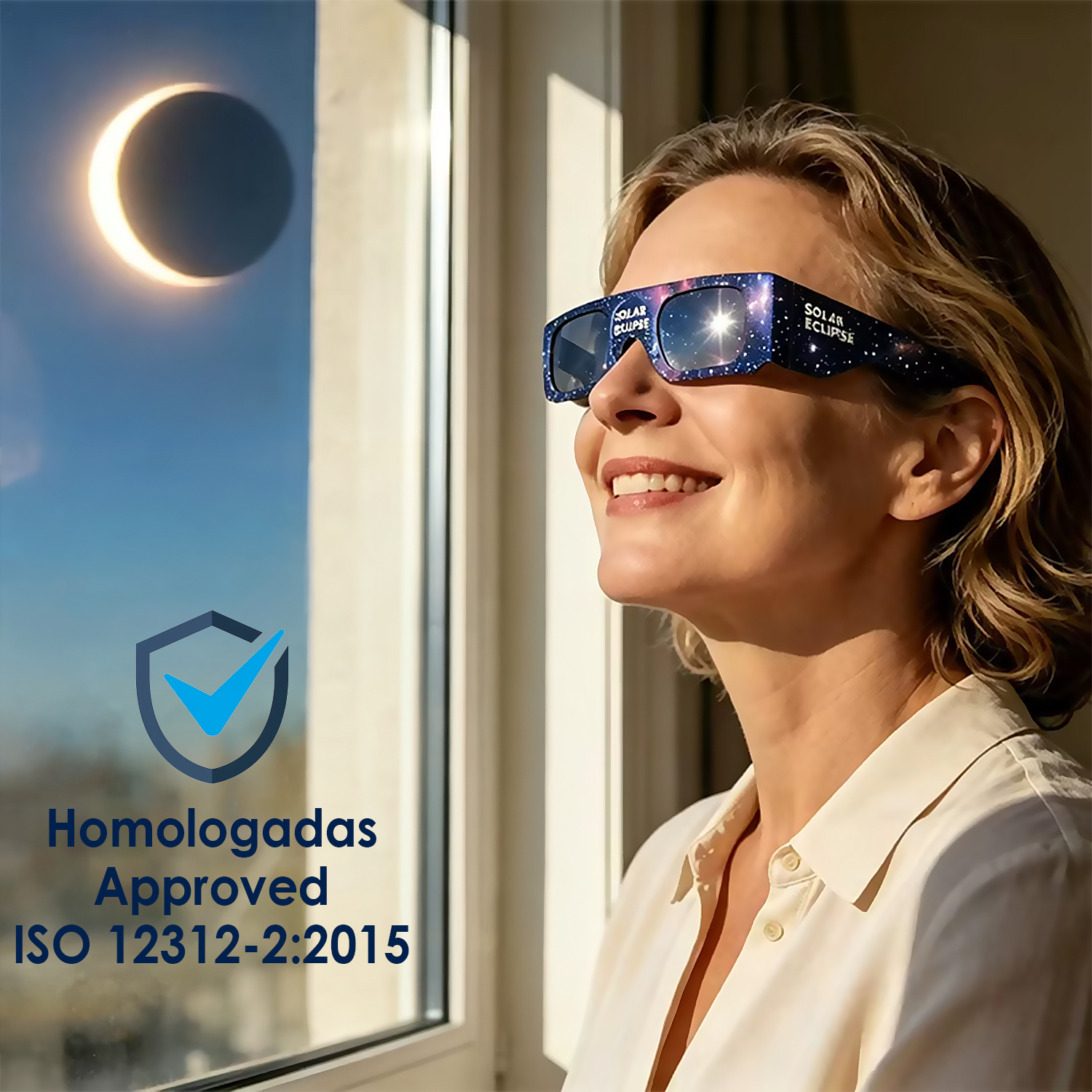 Mujer con gafas de eclipse mira eclipse solar. Certificación.
