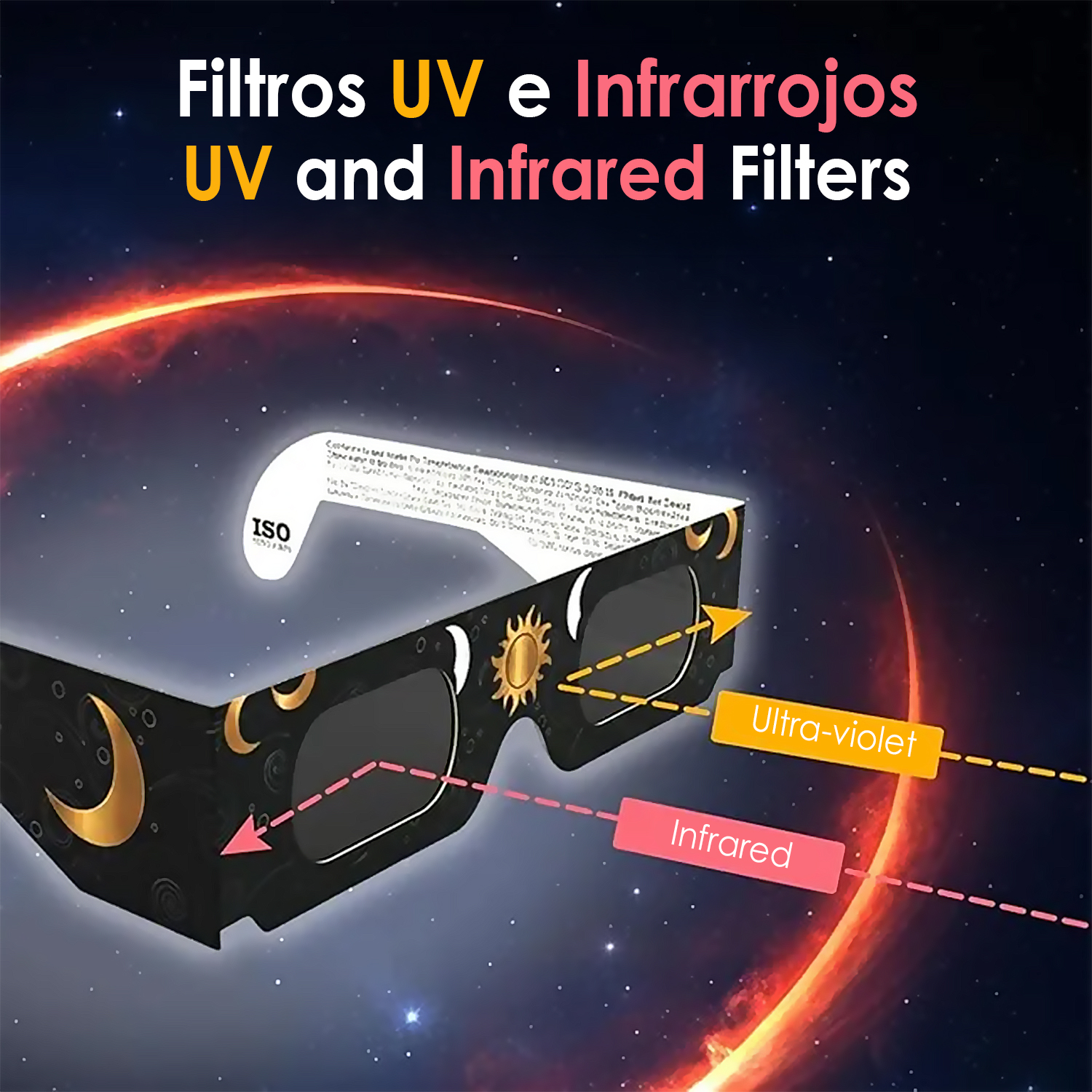 Gafas de eclipse con símbolos de luna y sol, filtran rayos UV e infrarrojos.