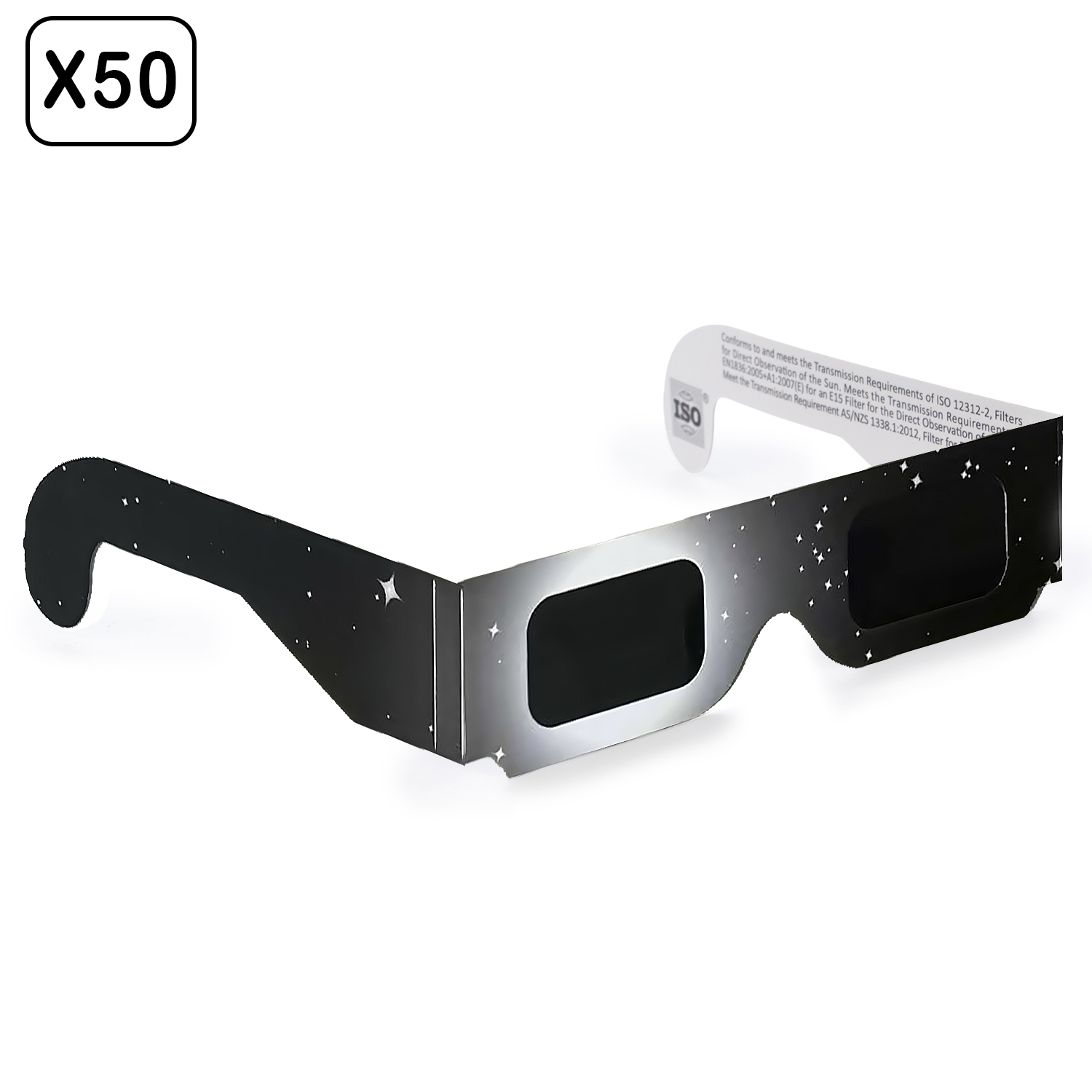 Gafas de eclipse negras con patrón de estrellas, certificadas por ISO.