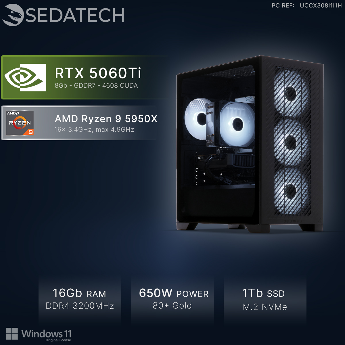 Un PC nero con RTX 5060Ti, Ryzen 9, 16GB RAM, alimentatore 650W e SSD da 1TB.
