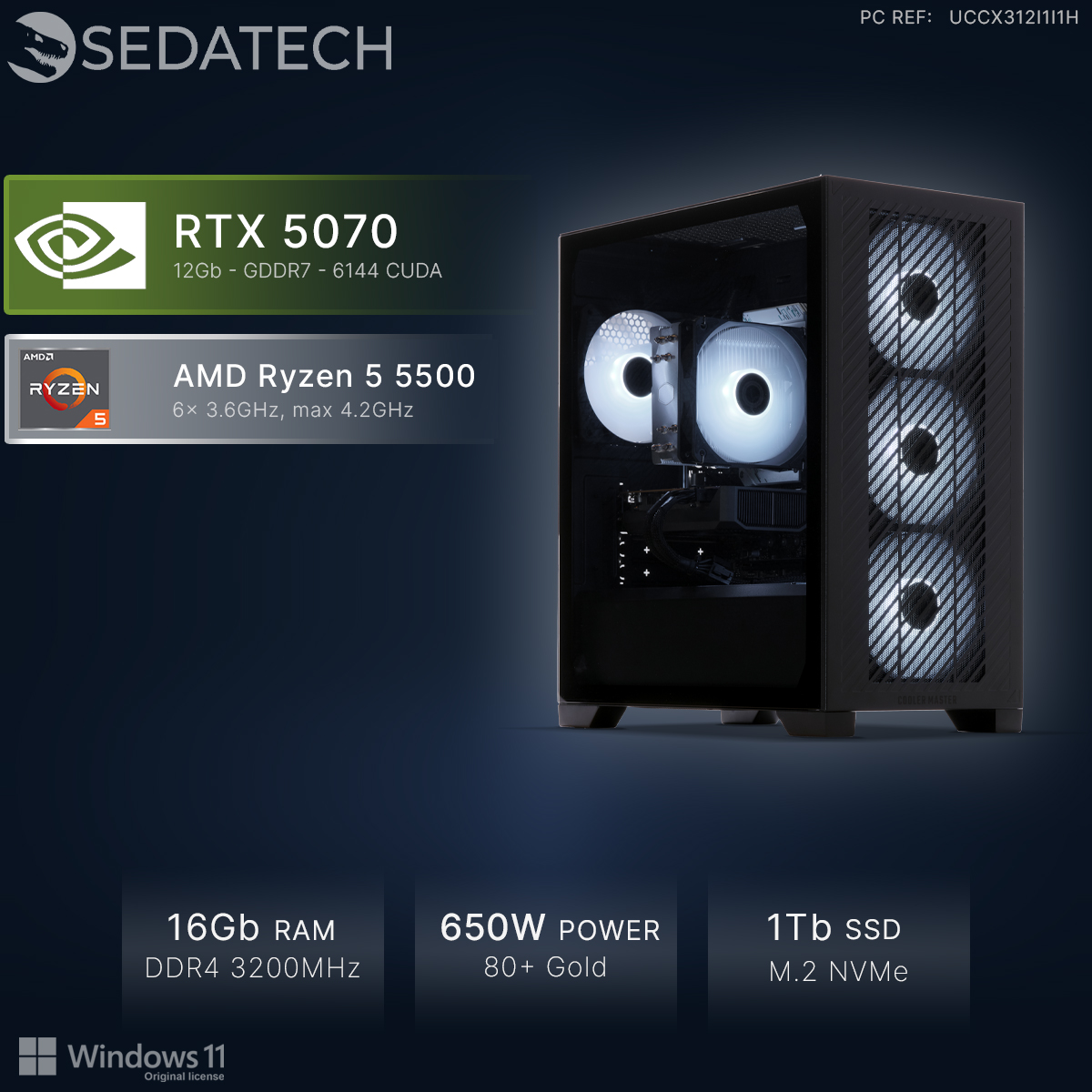 Komputer z RTX 5070, Ryzen 5 5500, 16GB RAM, zasilacz 650W, dysk 1TB SSD.