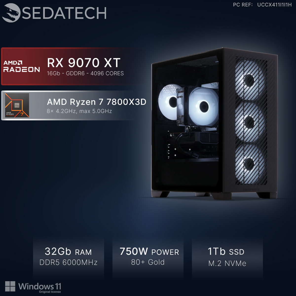 Gaming-PC mit RX 9070 XT, Ryzen 7, 32GB RAM, 750W Netzteil, 1TB SSD, Windows 11.