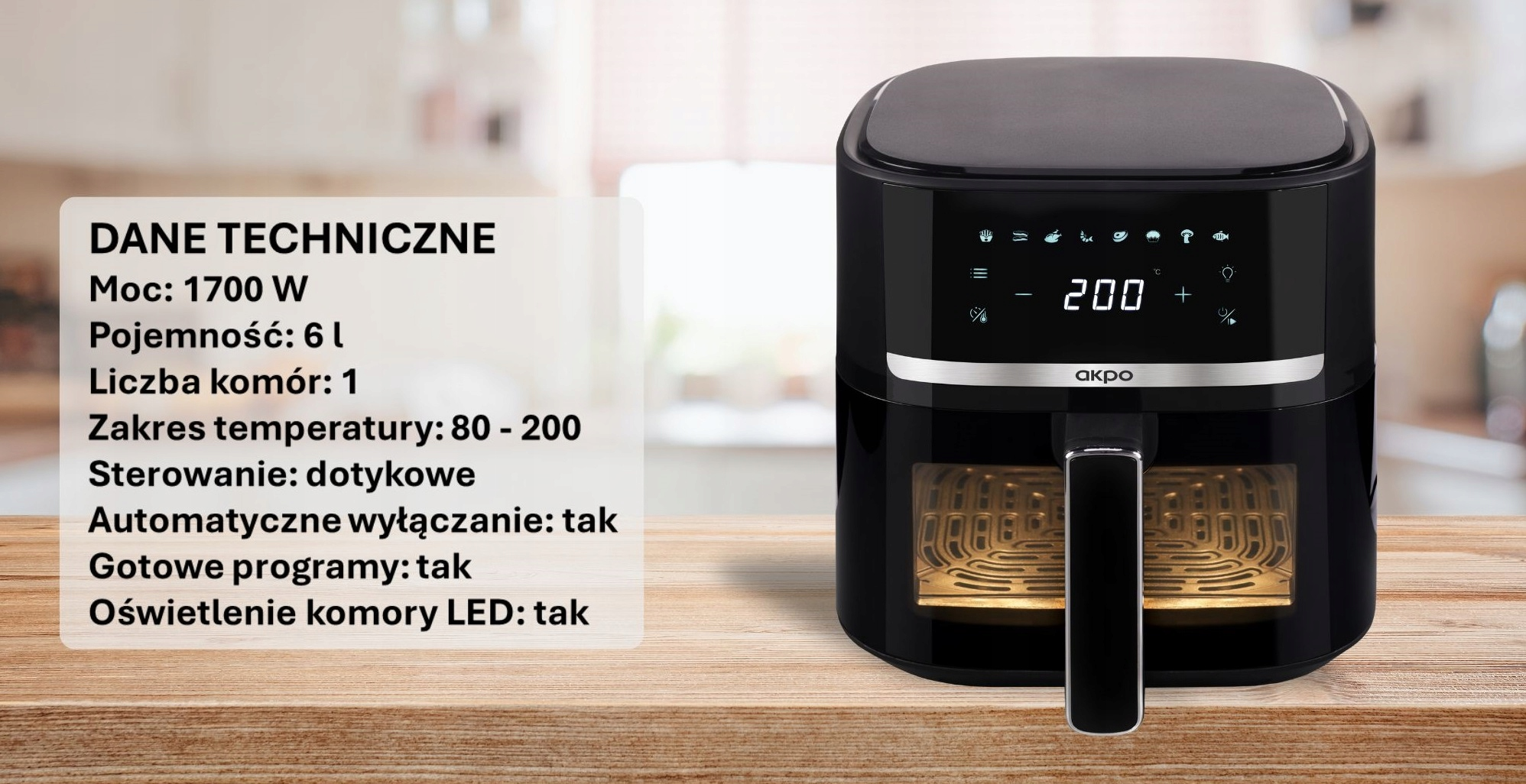 Czarna frytkownica beztłuszczowa z cyfrowym wyświetlaczem, 1700W, 6L.