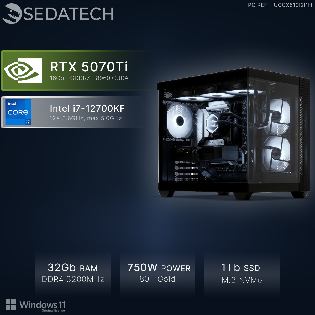 Ein PC-Gehäuse mit RGB-Beleuchtung, RTX 5070Ti, Intel i7-12700KF, 32GB RAM, 750W Netzteil.