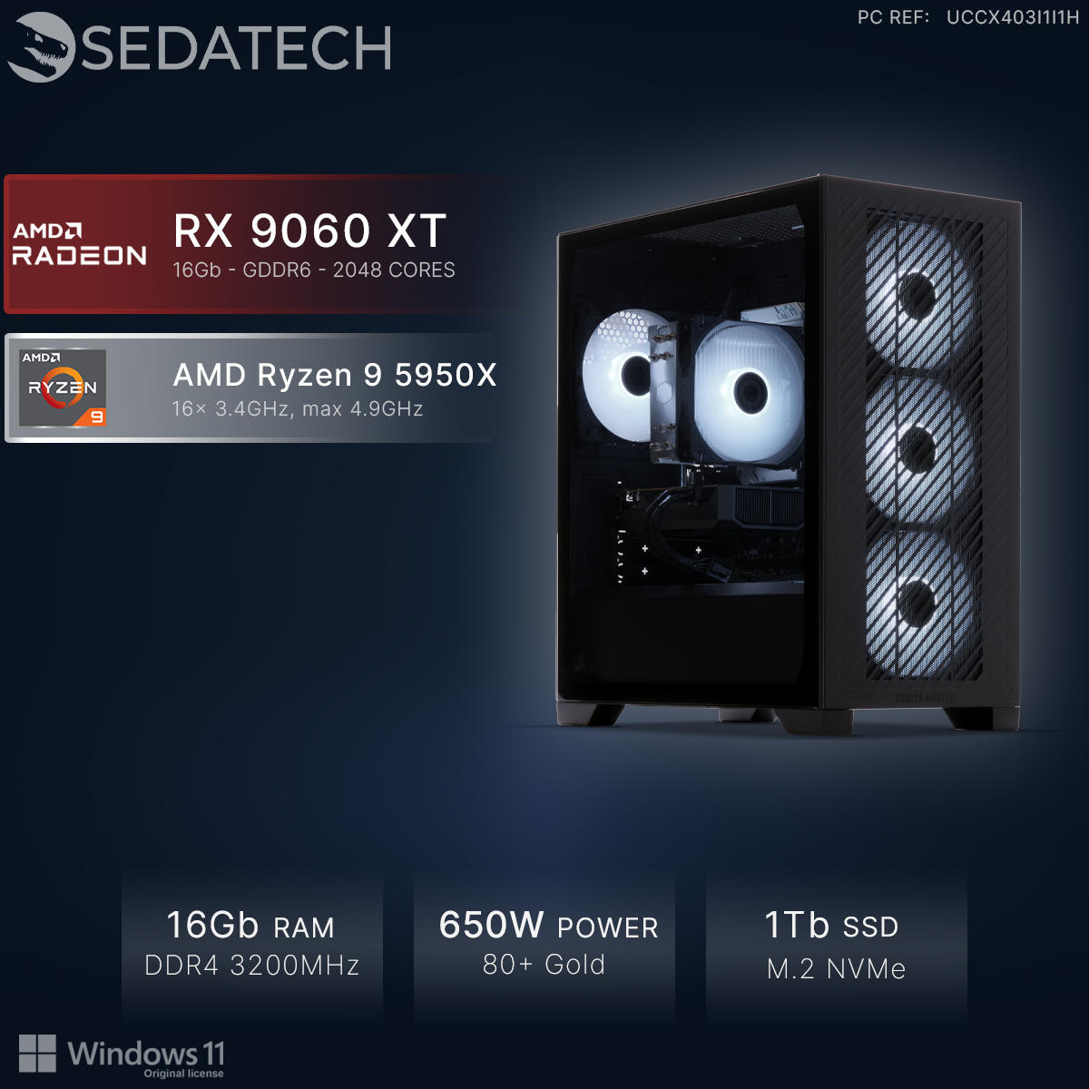 PC mit AMD Radeon RX 9060 XT und Ryzen 9 5950X, 16 GB RAM, 650W Netzteil, 1 TB SSD.