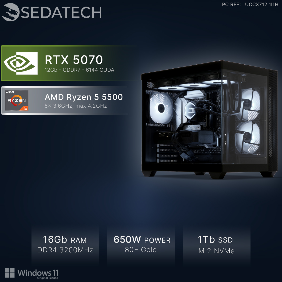 Ein PC mit RTX 5070, Ryzen 5 5500, 16GB RAM, 650W Netzteil und 1TB SSD.