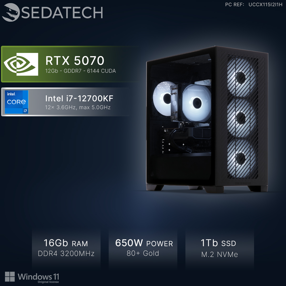 PC Sedatech con RTX 5070, Intel i7-12700KF, 16GB RAM, alimentatore 650W, SSD 1TB.