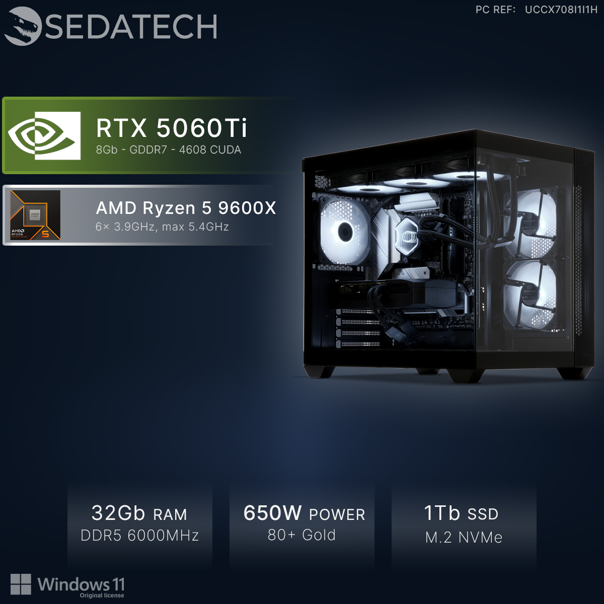 Ein moderner Gaming-PC mit RTX 5060Ti, Ryzen 5 9600X, 32GB RAM, 1TB SSD.
