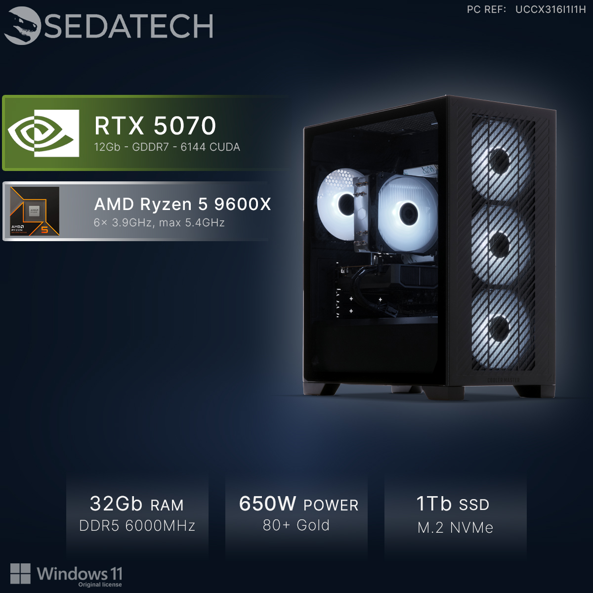 Ein schwarzer PC mit RTX 5070, Ryzen 5 9600X, 32GB RAM, 650W Netzteil.