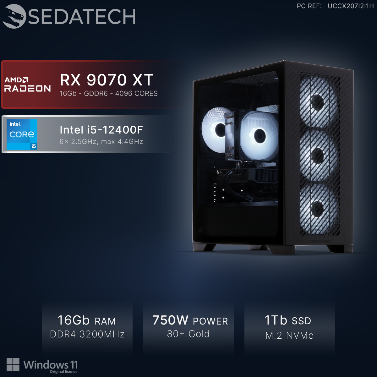 Komputer z AMD RX 9070 XT, Intel i5-12400F, 16GB RAM, zasilacz 750W, SSD 1TB.