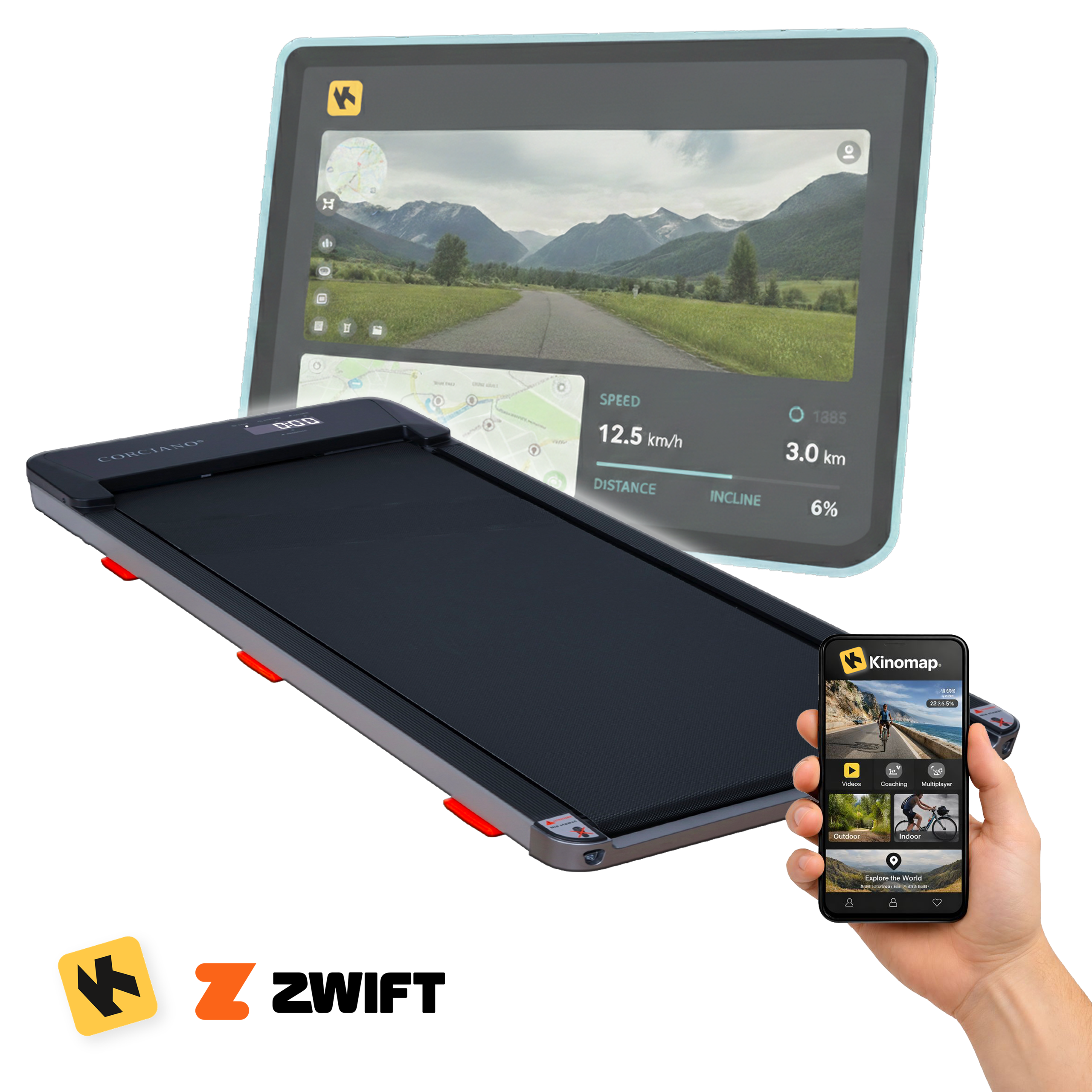 Bieżnia z tabletem i smartfonem pokazująca dane treningowe i filmy.