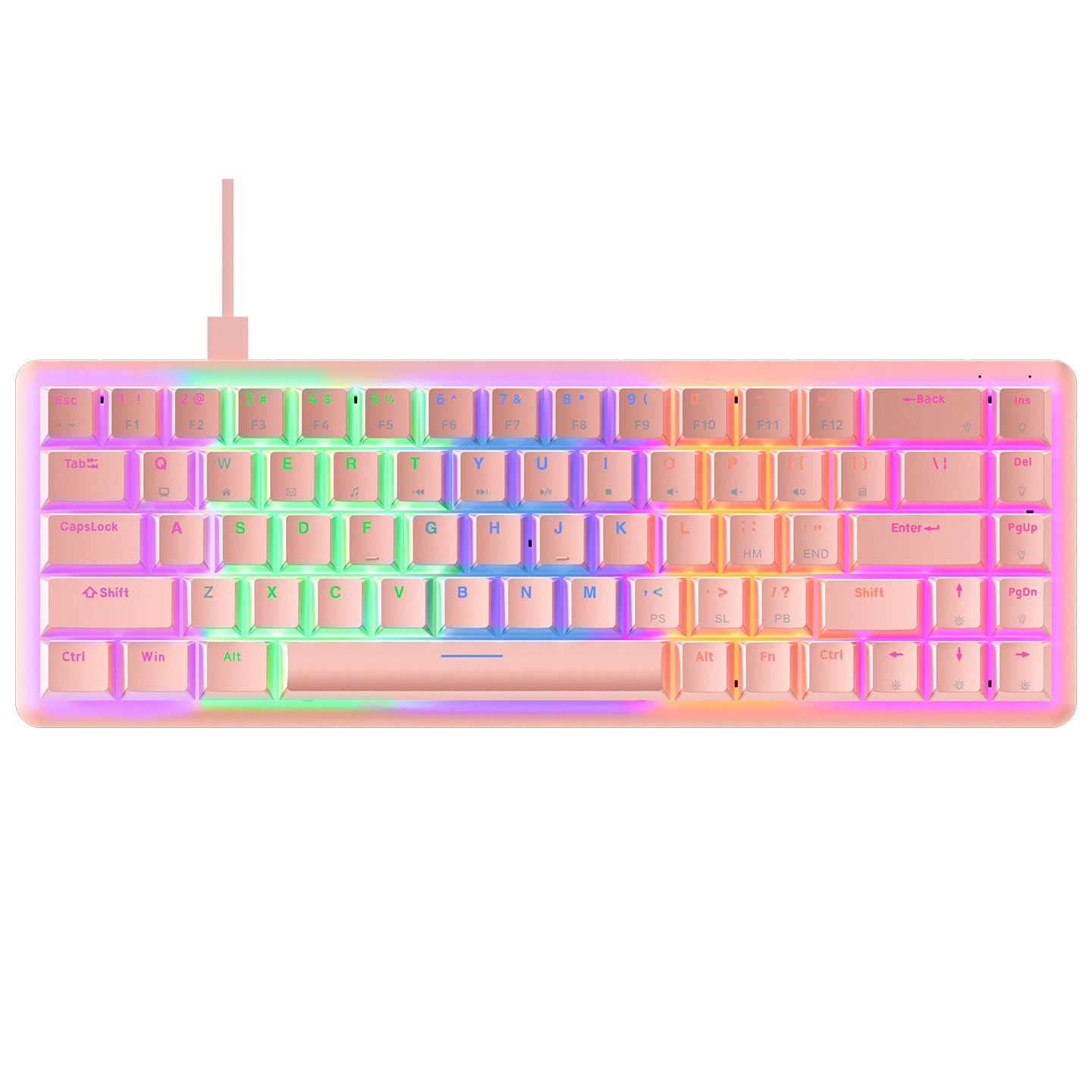 RGB aydınlatmalı ve beyaz kablolu pembe bir klavye.