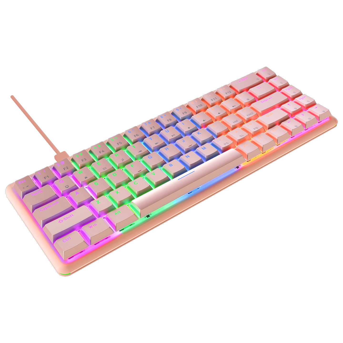 Tuşlarda RGB aydınlatmalı, gül altın rengi kompakt oyun klavyesi.