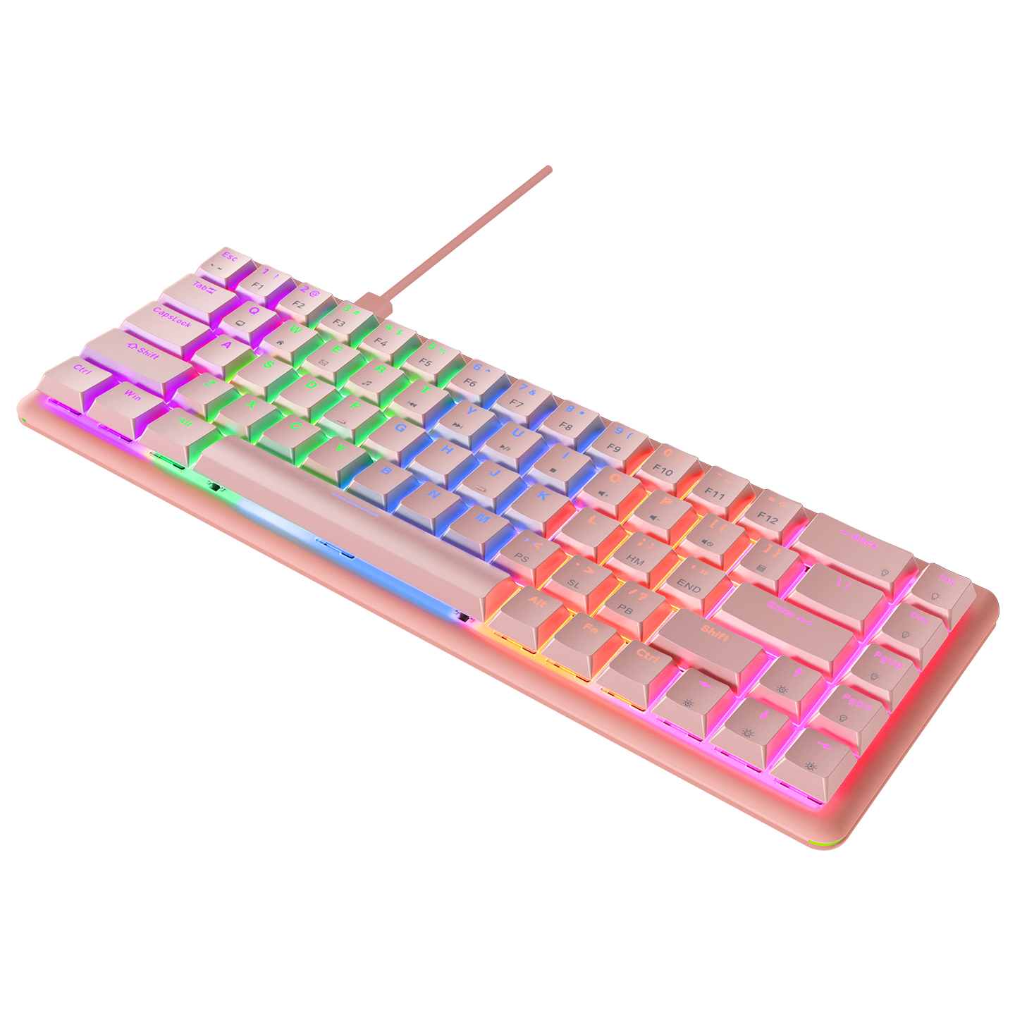 RGB arka aydınlatmalı pembe kompakt mekanik klavye, yukarıdan açılı gösteriliyor.
